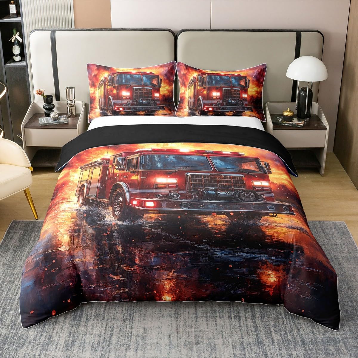Housse de couette 155x220 pour chambre d'enfant camion de pompier