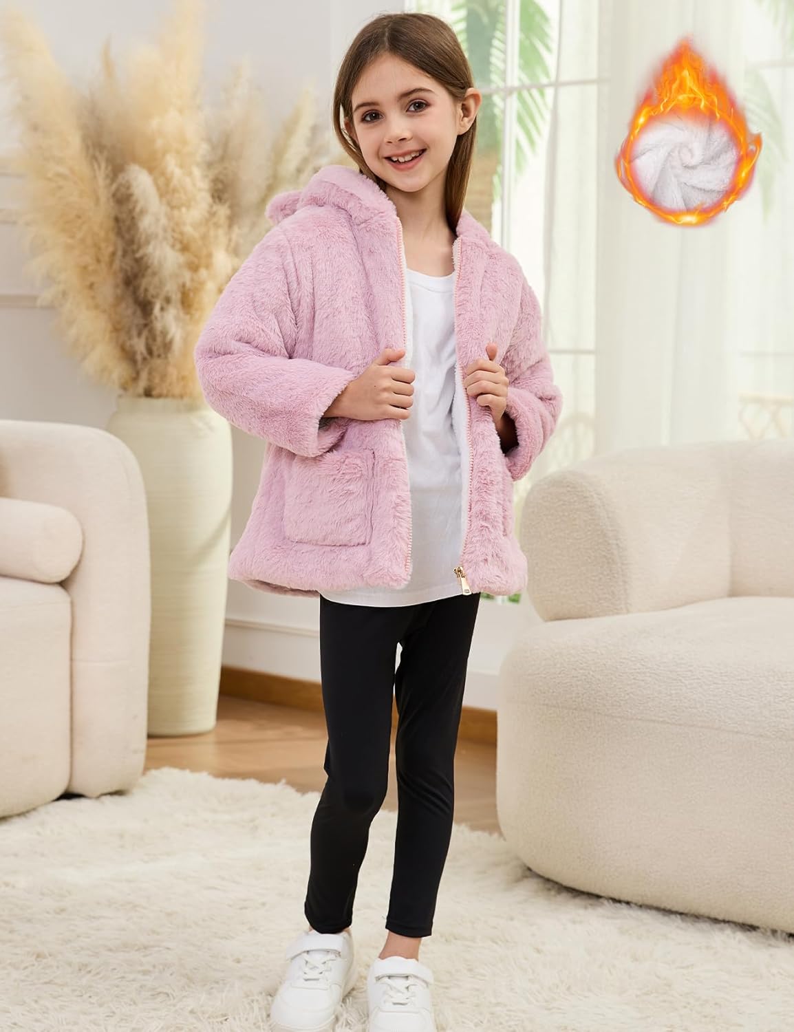 Yimoon Girls Winter Fleece Coats Kids Warm Jacket Cute Ear Hooded Thicken Fuzzy Outerwear - Image 2