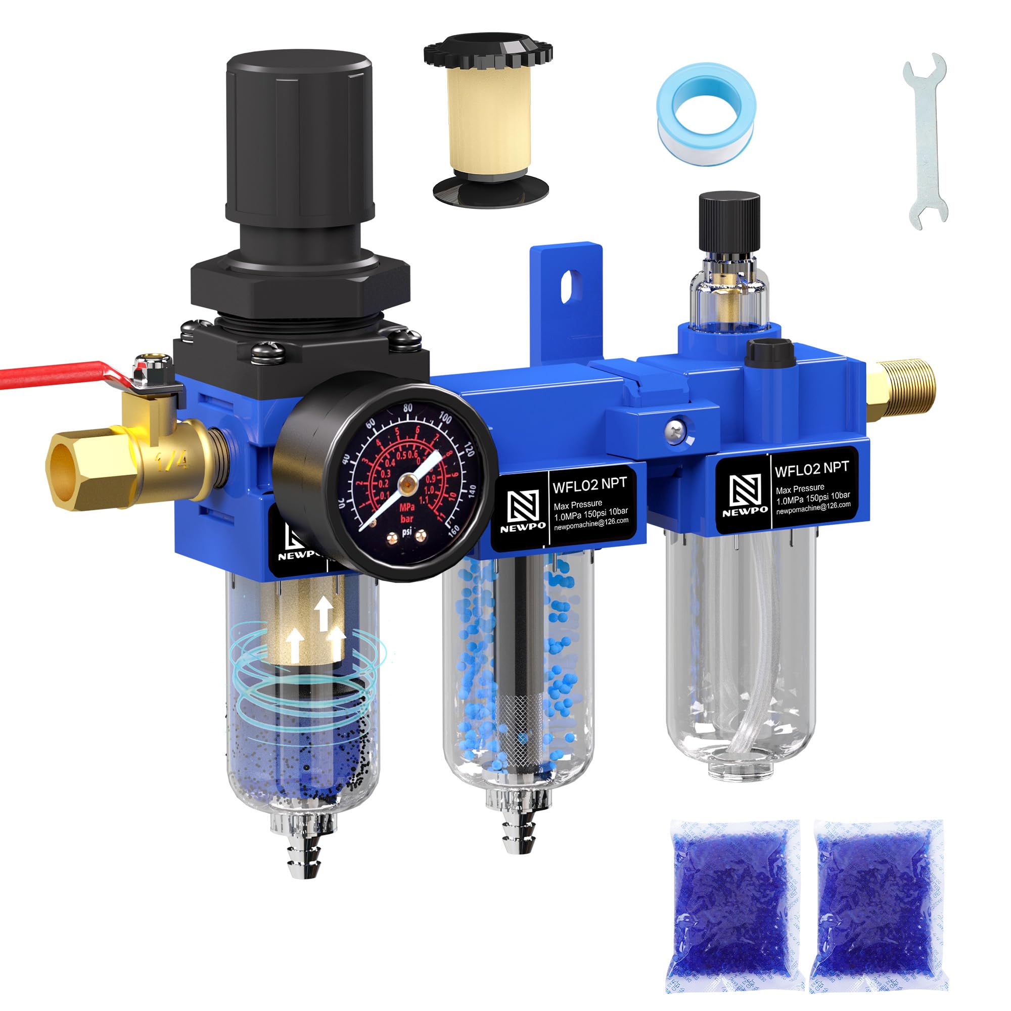 NEWPO Combo de regulador de filtro de aire comprimido NPT de 1/4 pulgadas, separador de trampa de agua/aceite, filtro de latón y secadores desecantes, drenaje semiautomático, soporte de metal, color