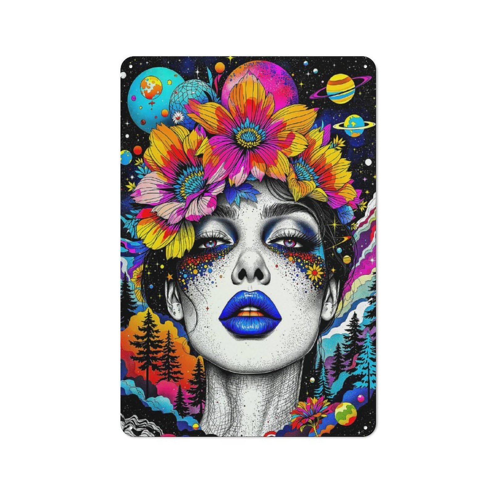 Junmoney Style-18 Distressed Look Woman With Floral Crown And Planets Decorative Tin Sign 30X20cm, Retro Room Decor For Lounge, Study, Pub Or Wall Gallery