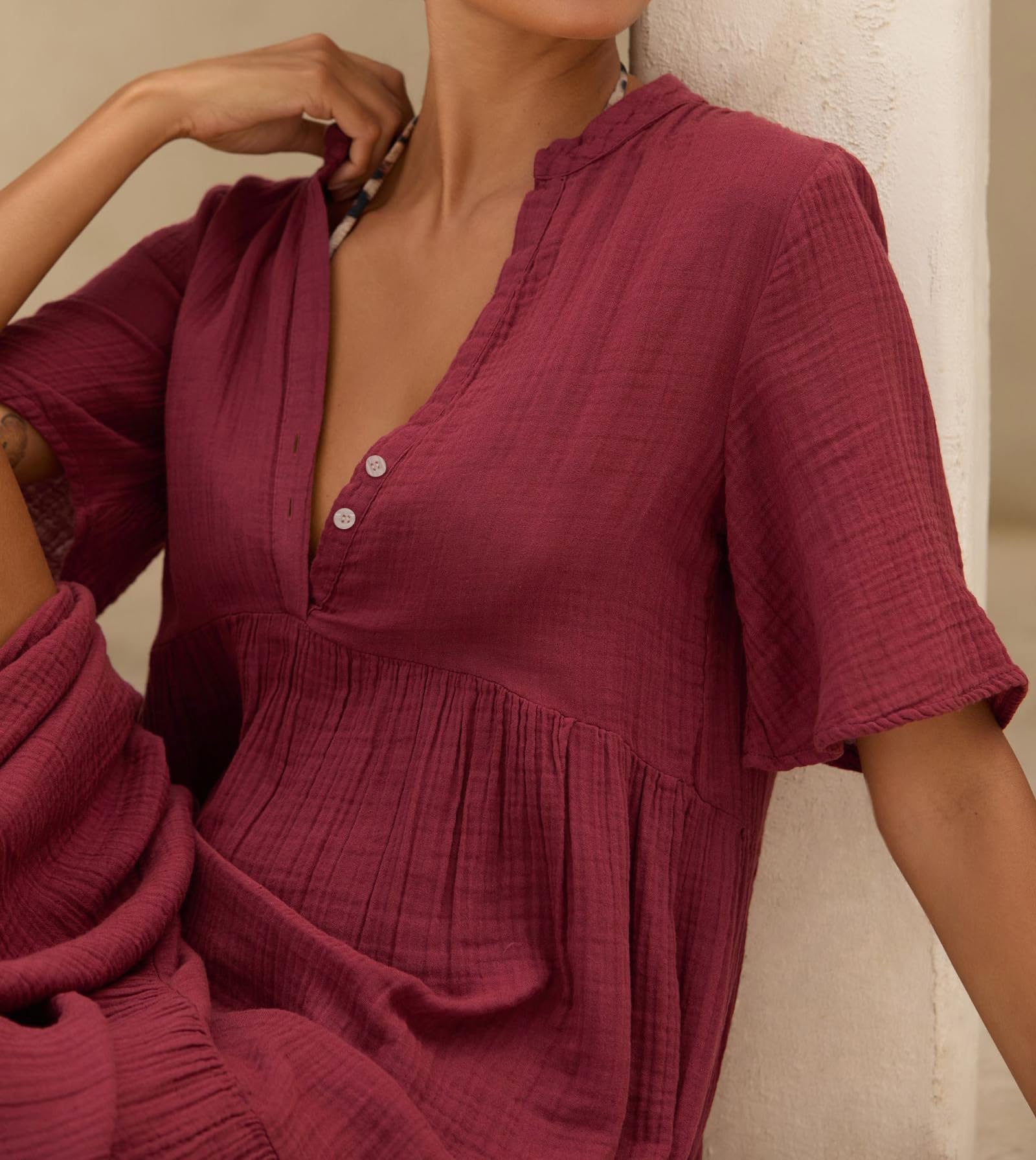 R.Vivimos Femmes été V Col Chemise Manches Courtes Robe Robe De Plage Longue Robe Maxi Décontractée