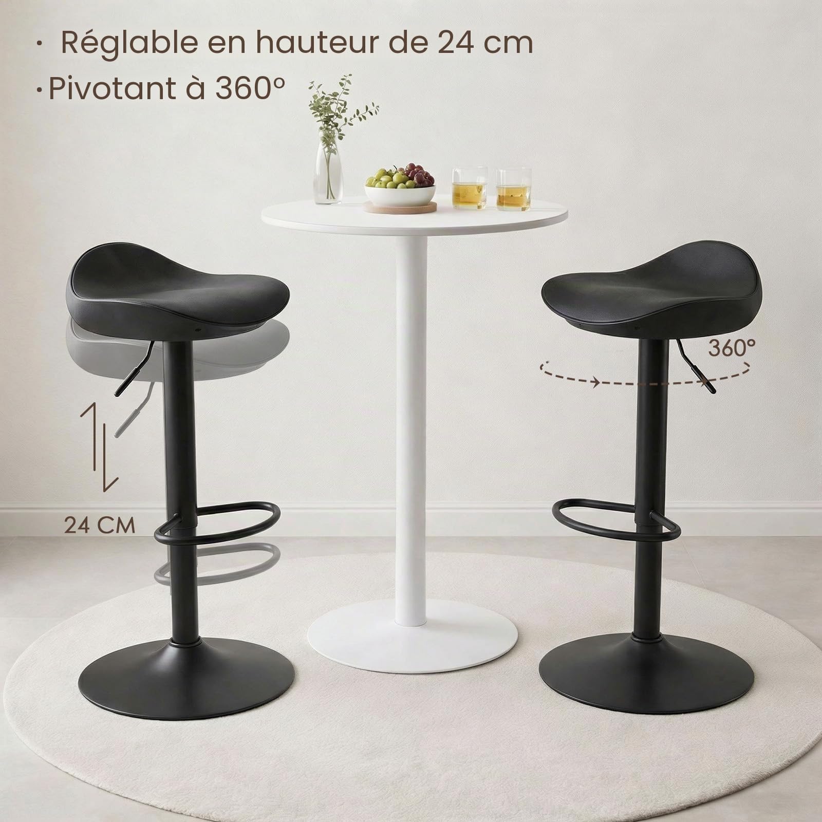 Kidol & Shellder Tabourets de Bar Chaises de Salle à Manger Lot de 2 Noir, Hauteur Réglable à 360°, Chaises de Bar en Plastique et Métal Creux, pour Maison Cuisine Comptoir Bistro…
