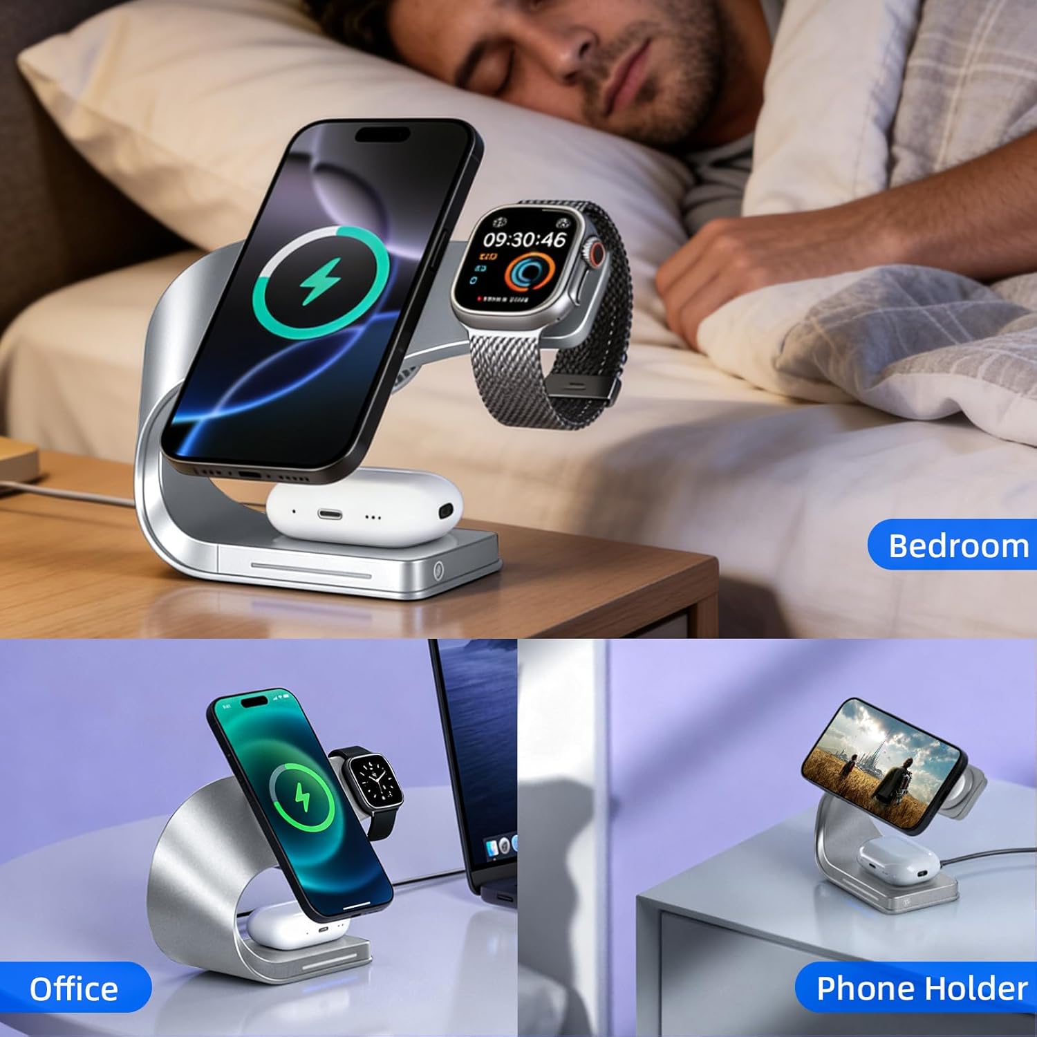 3 in 1 Wireless 15W Fast Charging Station for Apple Devices Dock for iPhone 15/14/13/12 Apple Watch Series 11/10/9/8/SE AirPods Pro 3/2 Bedside Charging Stand with Nightstand Organizer (Silvery)