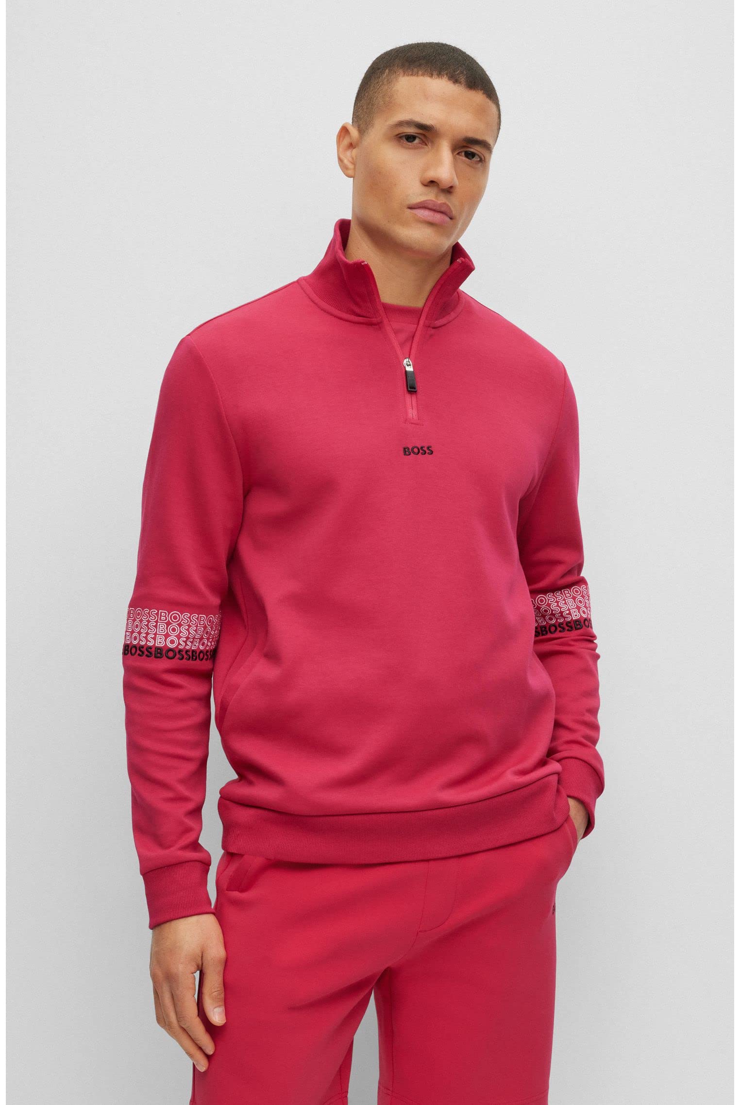 BOSS Męska bluza dresowa 1 z kołnierzem Troyer i wyszywanym logo, Rosa, XL