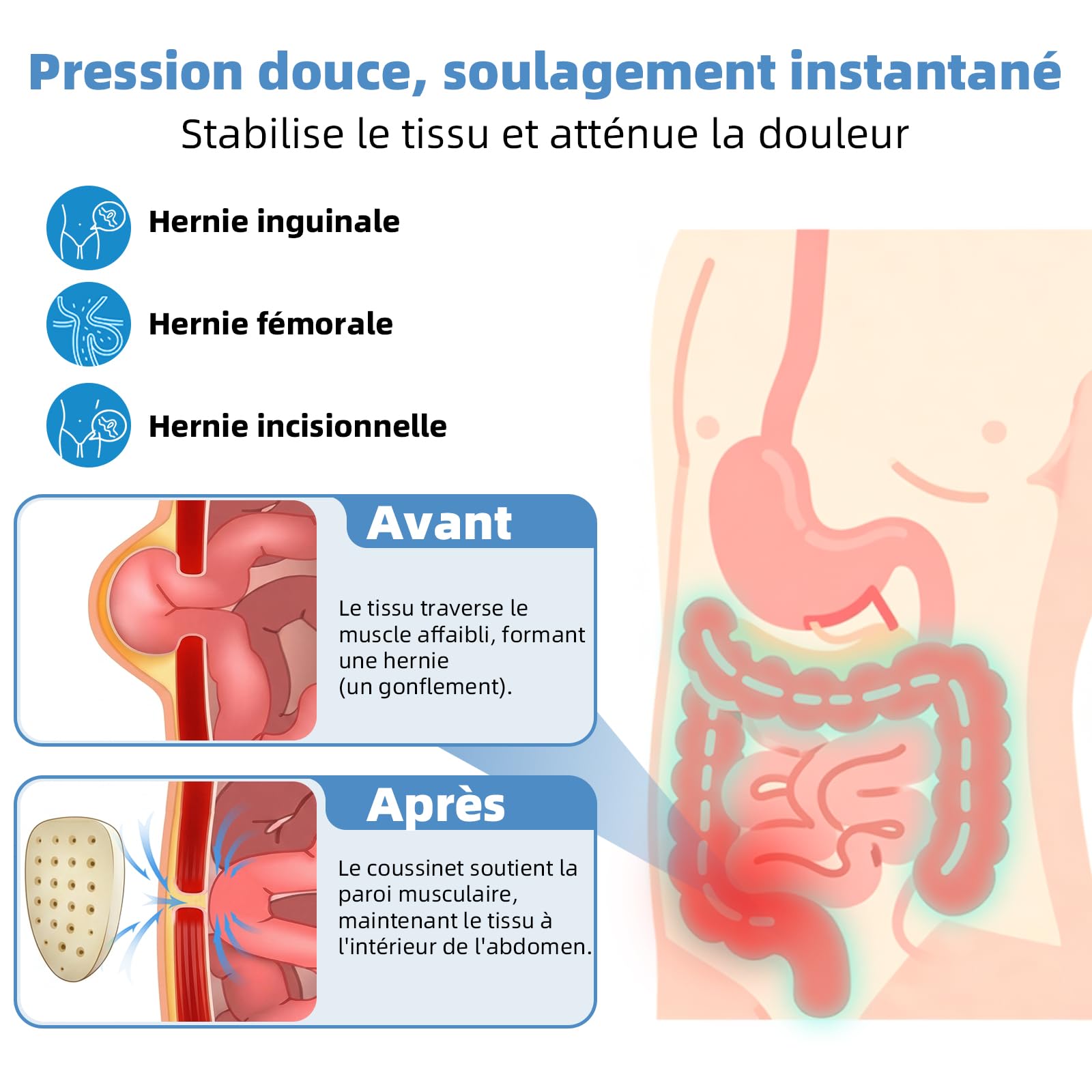 Tenbon Ceinture herniaire pour homme et femme Ceinture herniaire réglable flexible Soutien herniaire Soulagement de la douleur avec coussinets de compression amovibles Hernie (Black, M)