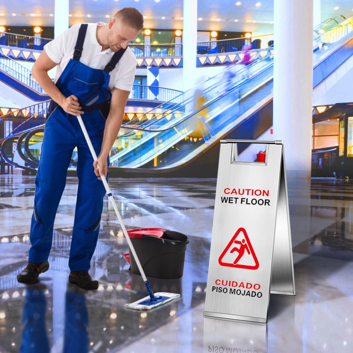 Stainless Steel Wet Floor Sign, Caution Wet Floor Signs Double-Sided Text and Graphics Warning Sign, Stainless Steel Durable Warning Signs for Commercial Use Shop Restaurant Hotel Supermarket Cinema(2 Pack)