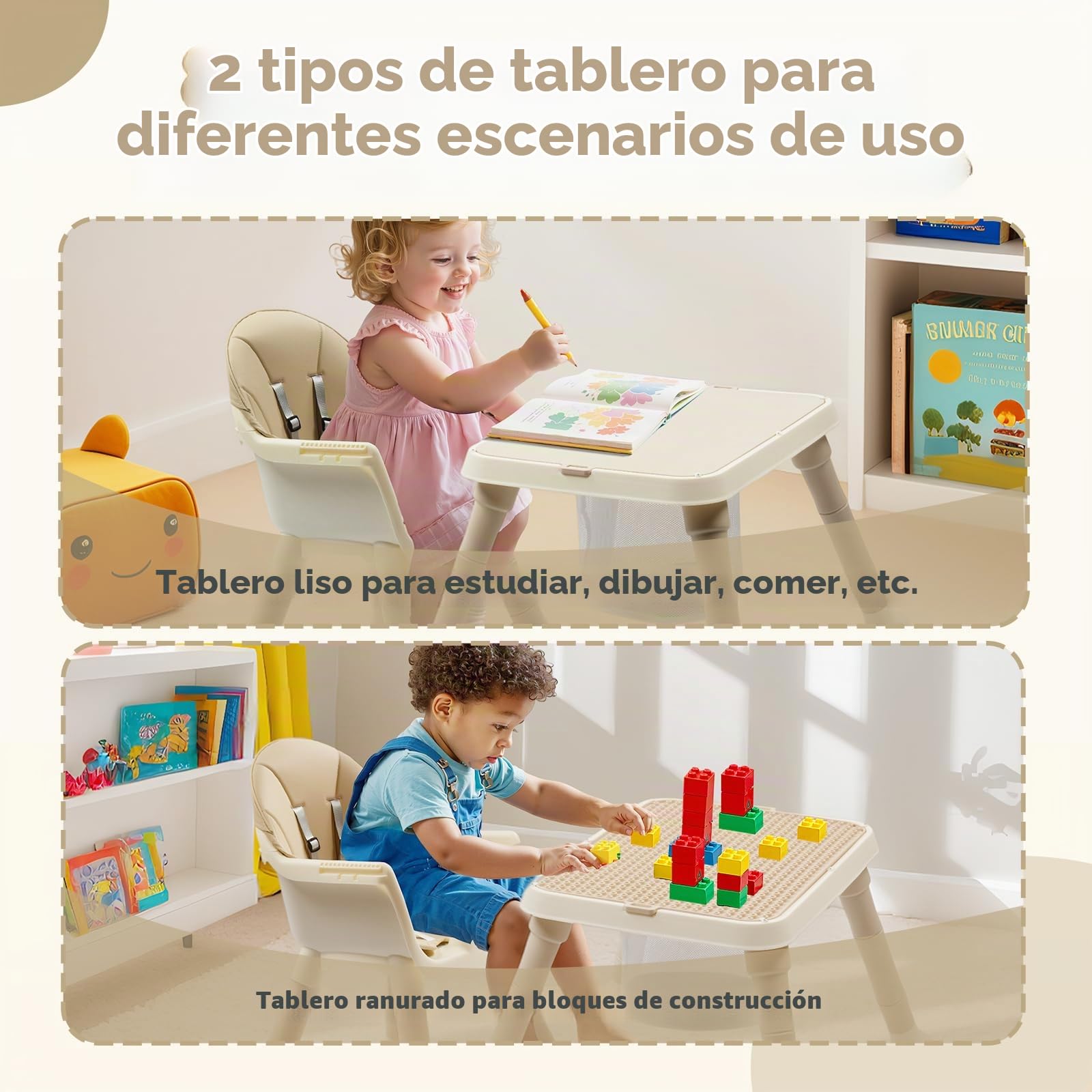 Bonnlo Silla Alta para Bebé con Función de Reclinación, Silla para Bebé a Partir de 6 Meses para Comer y Bañera, Premium con Marco Dorado, Incl. Bandeja Doble y Reposapiés, Hasta 15 kg (Beige, 6560)