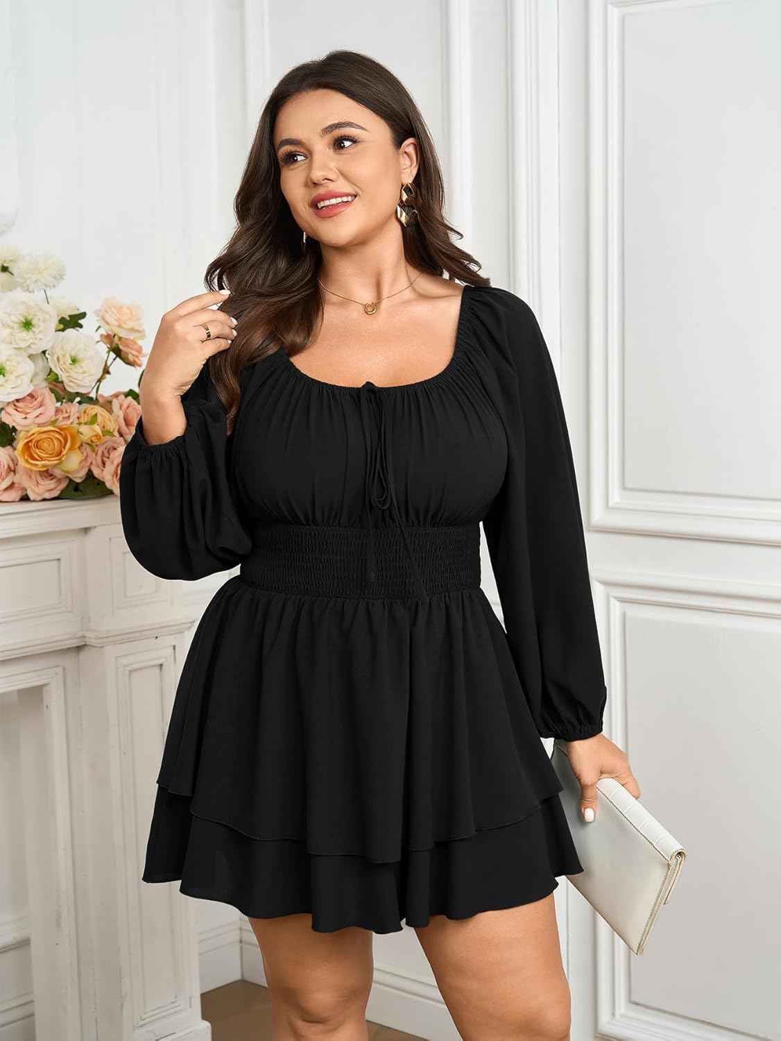 SCOMCHIC Women Plus Size Romper Dress Short Jumpsuit Square Neck Long Sleeve Fall High Waist Ruffle Mini Boho Jumpsuits - Image 2