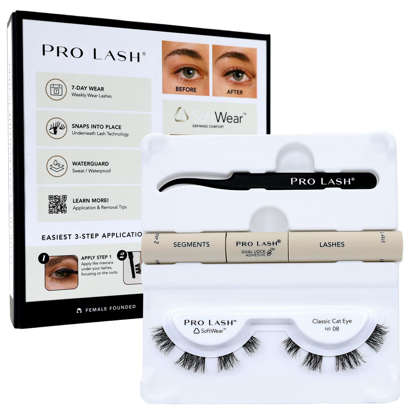 Photo 1 of Pro Lash SoftWear Mini Lash Clusters Kit - Seamless, Lightweight Lashes - 7-Day Cluster Eyelash Extensions - False Eyelashes Plus Adhesive and Tweezers - Classic Cat Eye No. 08 Black