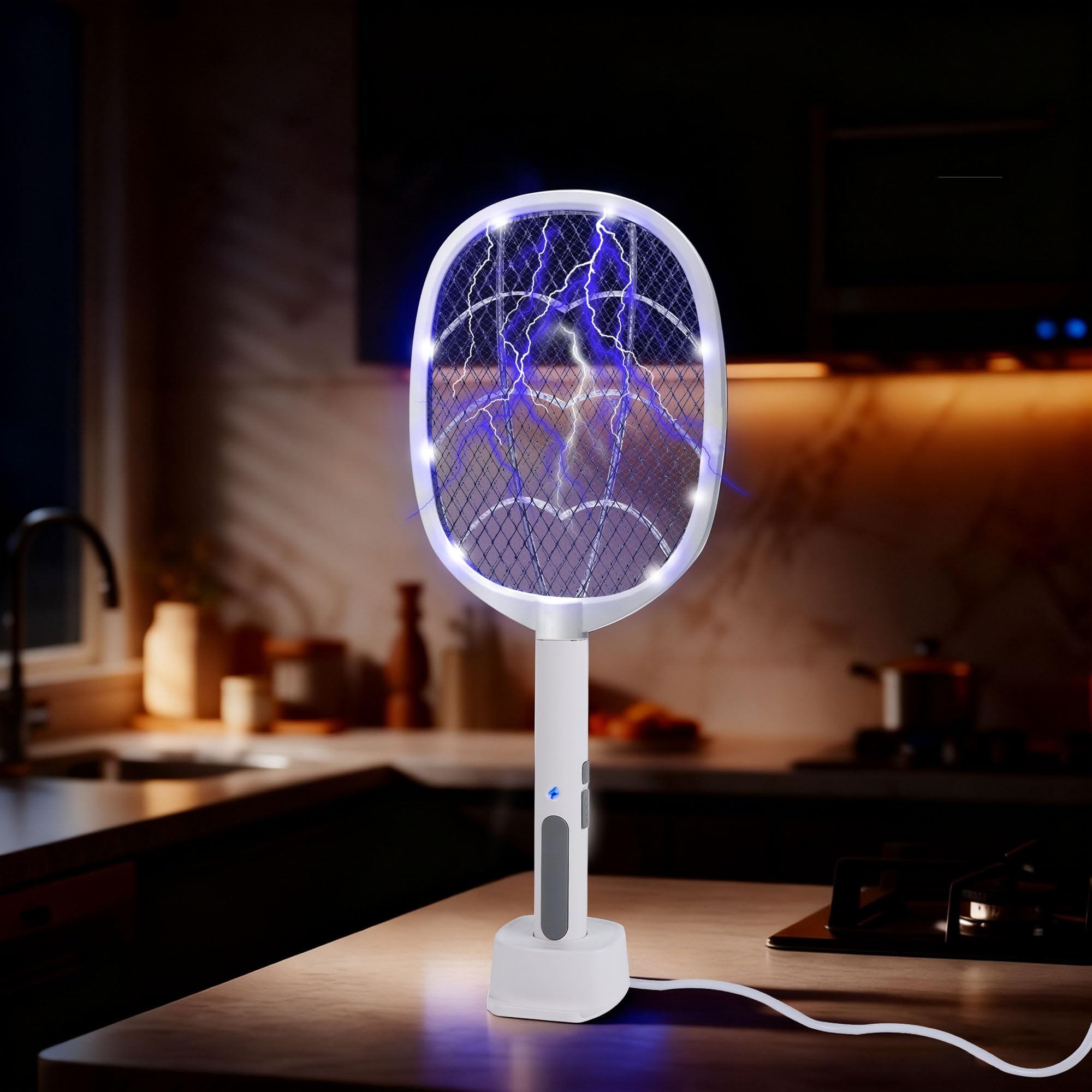 Phosooy 3 confezioni di racchette elettriche 2 in 1 con presa a mano e ad alta tensione da 3000 V, trappola per insetti con rete di sicurezza a 3 strati, portatile, per uso interno ed esterno