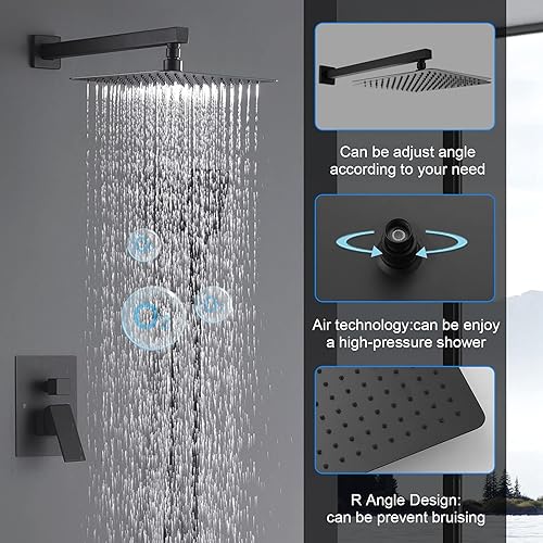 Miniatura 3 de Sistema de ducha negro mate con cabezal de ducha de lluvia de latón de alta presión de 10 pulgadas con mano, sistema de ducha de lluvia, juegos