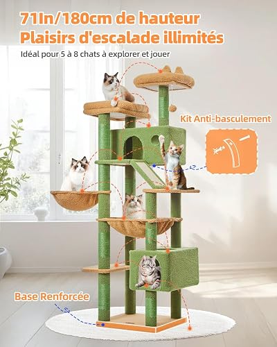 Taoqimiao Cat Tree, 180cm Cat Tower for Indoor Cats Large Cats, Multi-level Cat Climbing Tower, 8 Sisal Scratching Posts, Metal Frame Cozy Hammock, Scratch Board, 2 Top Perches, Green MSC026L - 9