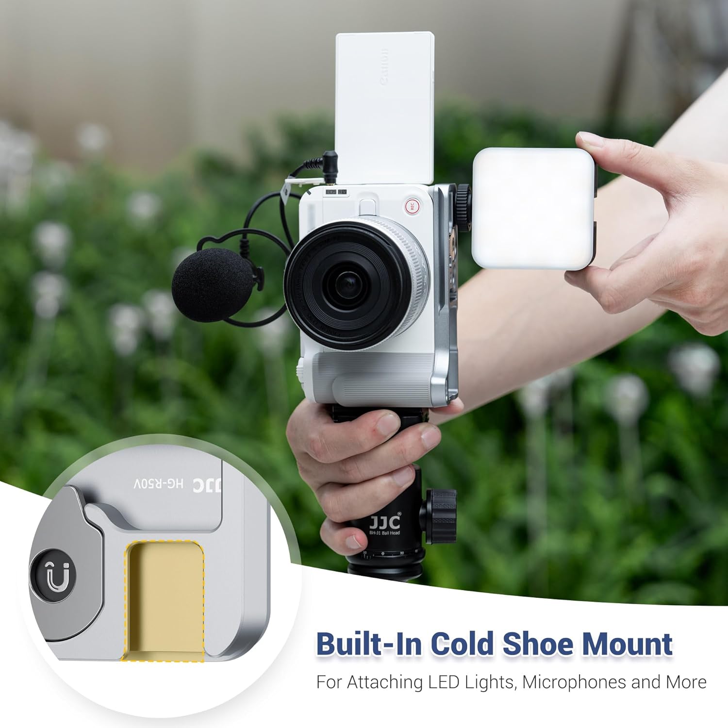 JJC Metal Hand Grip L Bracket for Canon EOS R50 V Camera(Not for R50), R50V Handgrip with Cold Shoe Mount, Silicone Handle, Anti-Slip Pad, Arca Swiss Quick Release Plate & 1/4"-20 Tripod Hole, Black