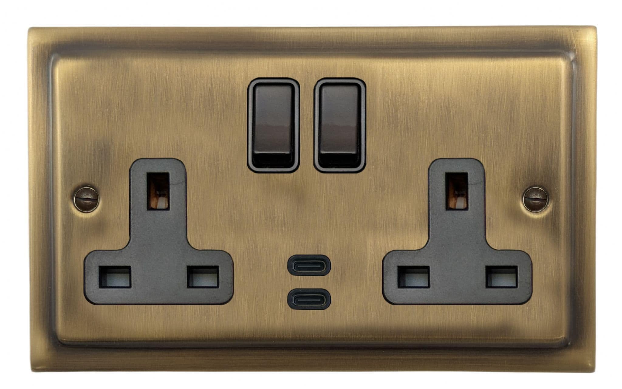 G&H Brassware Light G&H Tlab913b Trimline Plate Antique Brass 2 Gang Double 13A Plug Socket Dual 4.2A Usb C