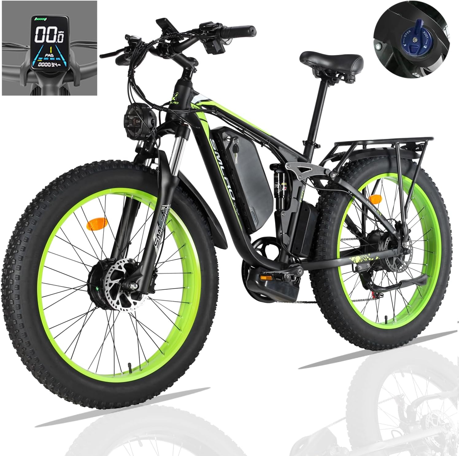 (US in Stock) SMLRO V3 Plus Dual Motors MTB with Rear Shock Absorber, 22.4AH 2000W 26" Fat Tire Electric Bike 35MPH, Mountain E-Bike Suspension Electric Bicycle Ebikes for Adults