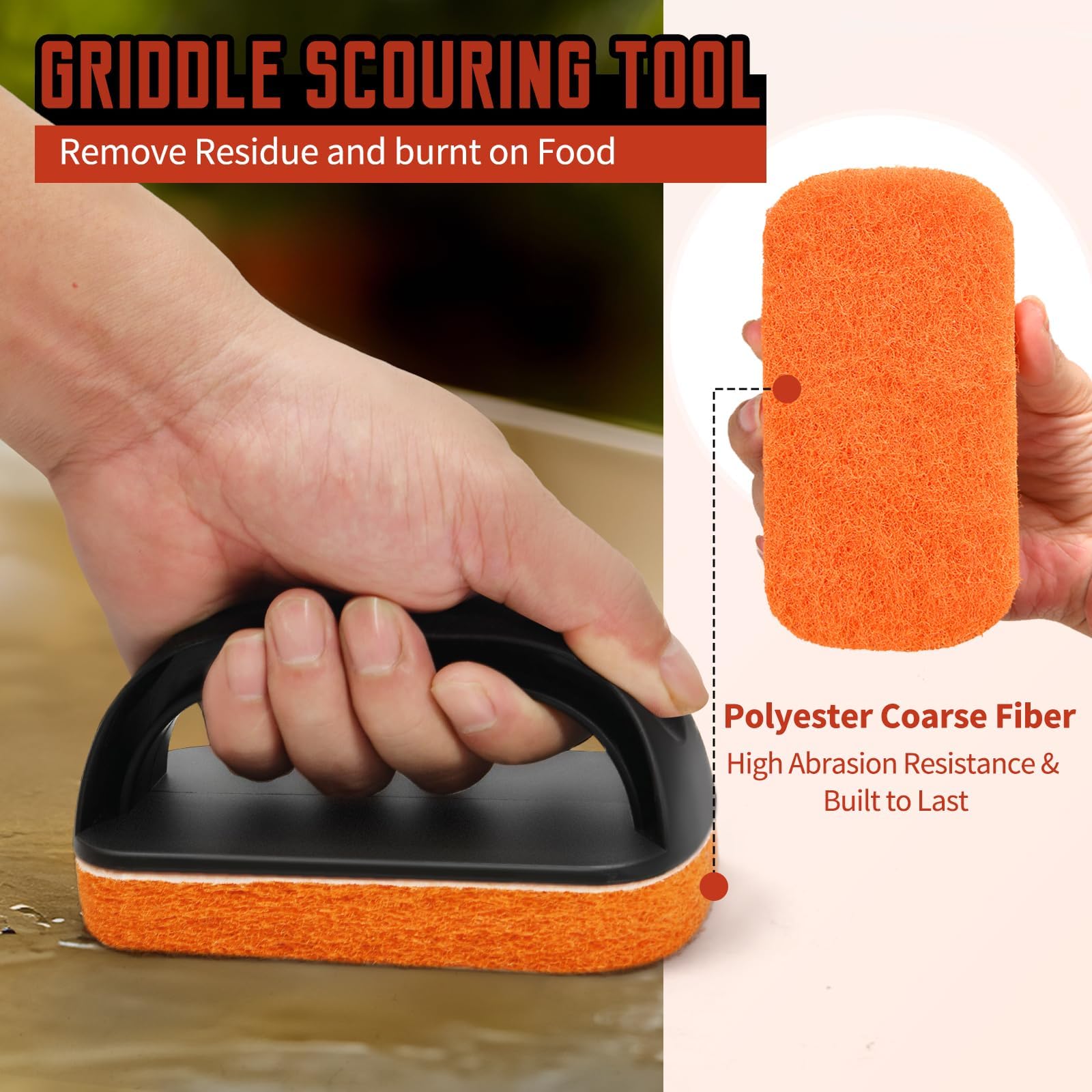Grill-Reinigungsset für Blackstone, robuster Schaber und ergonomische Griffe | Kratzfeste Scheuerpads mit flacher Oberseite, Gusseisen, Öfen und Grillflächen, entfernt hartnäckiges Fett leicht