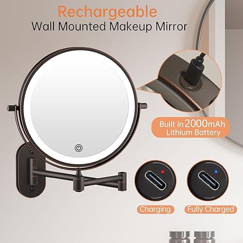 Miniatura 3 de Espejo de tocador de maquillaje iluminado para montaje en la pared, recargable de 8 pulgadas, doble cara, 1 espejo de baño con aumento 10X,
