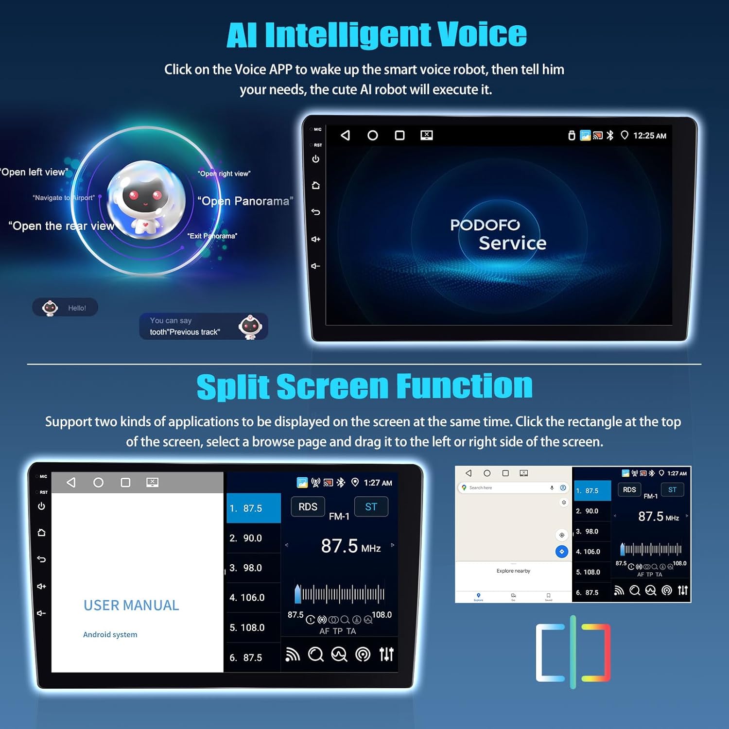 Image showing the car stereo display with the AI Intelligent Voice interface, featuring a cute robot icon and voice commands like 'Open left view', 'Open right view', 'Open Panorama', and 'Open the rear view'. Below, the Split Screen Function is demonstrated with the radio and a browser open simultaneously.