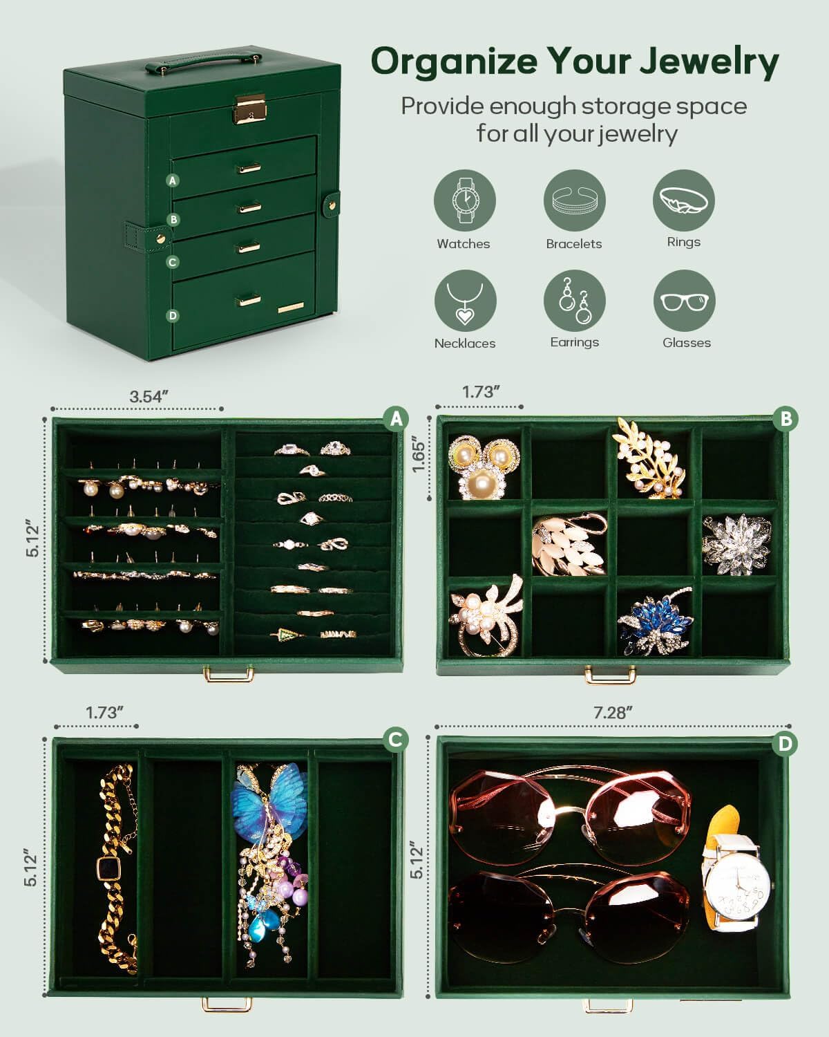 Homde Synthetic Leather Huge Jewelry Box Mirrored Watch Organizer Necklace Ring Earring Storage Lockable Gift Case (Forest Green + Gold) - Image 3