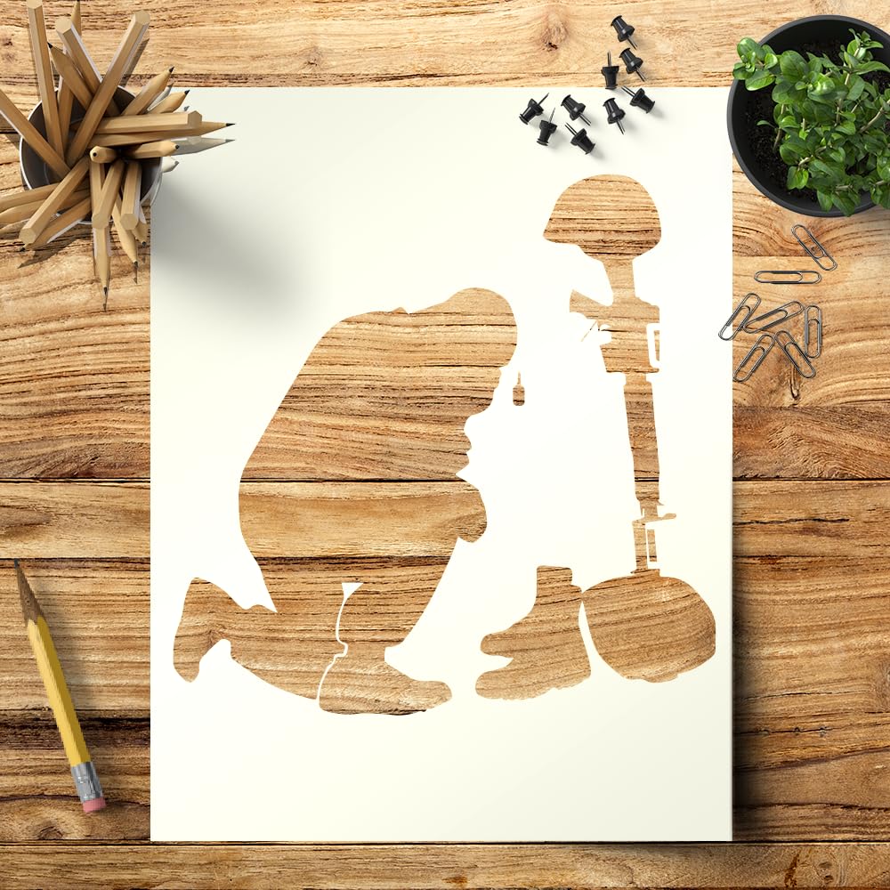 Soldier Kneel Pray Stencil Template - Reusable 8.5x11 Inches for Art, DIY Arts and Crafts Projects - LIONX