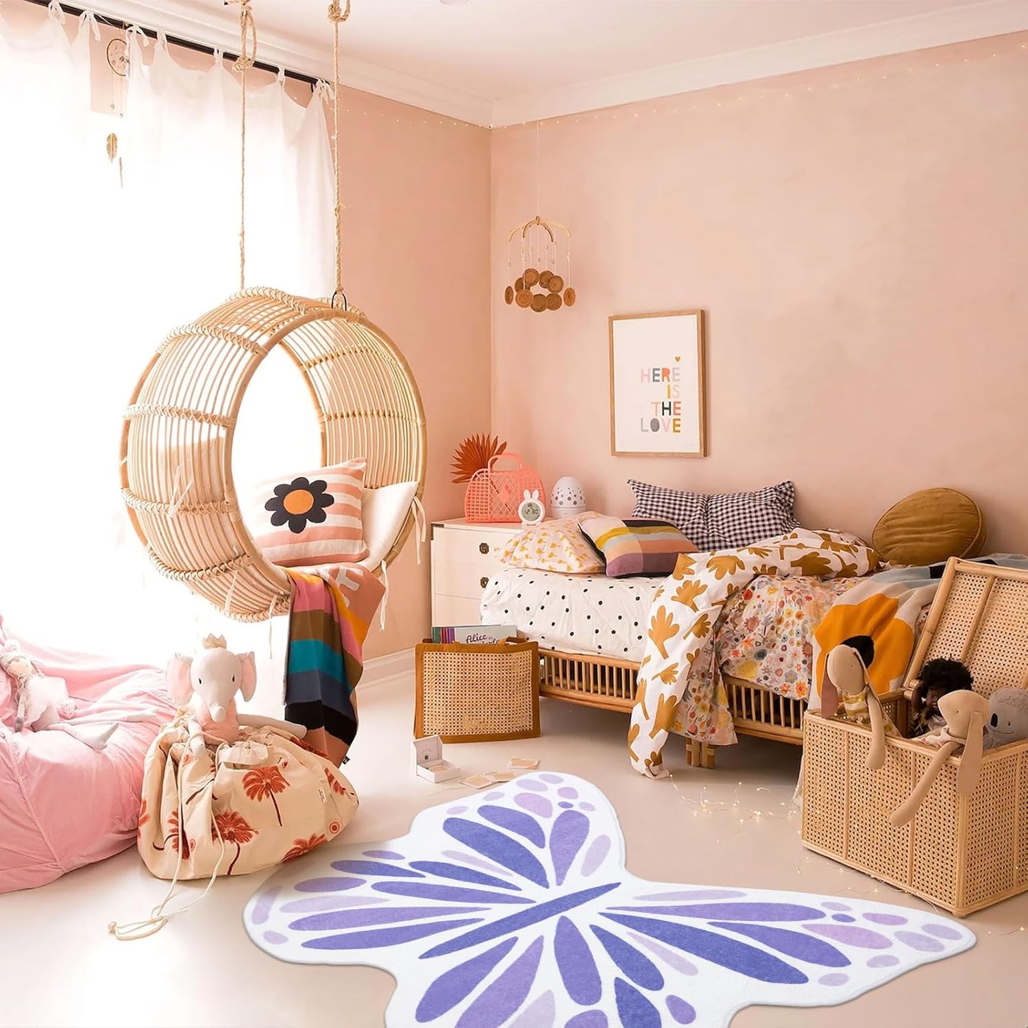 Topotdor Cute Butterfly Kids Rugs for Girls Bedroom, Toddler Nursery Rug Soft Washable Kids Area Rug for Butterfly Living Room Playroom Decor, Purple 49 x 59 inch