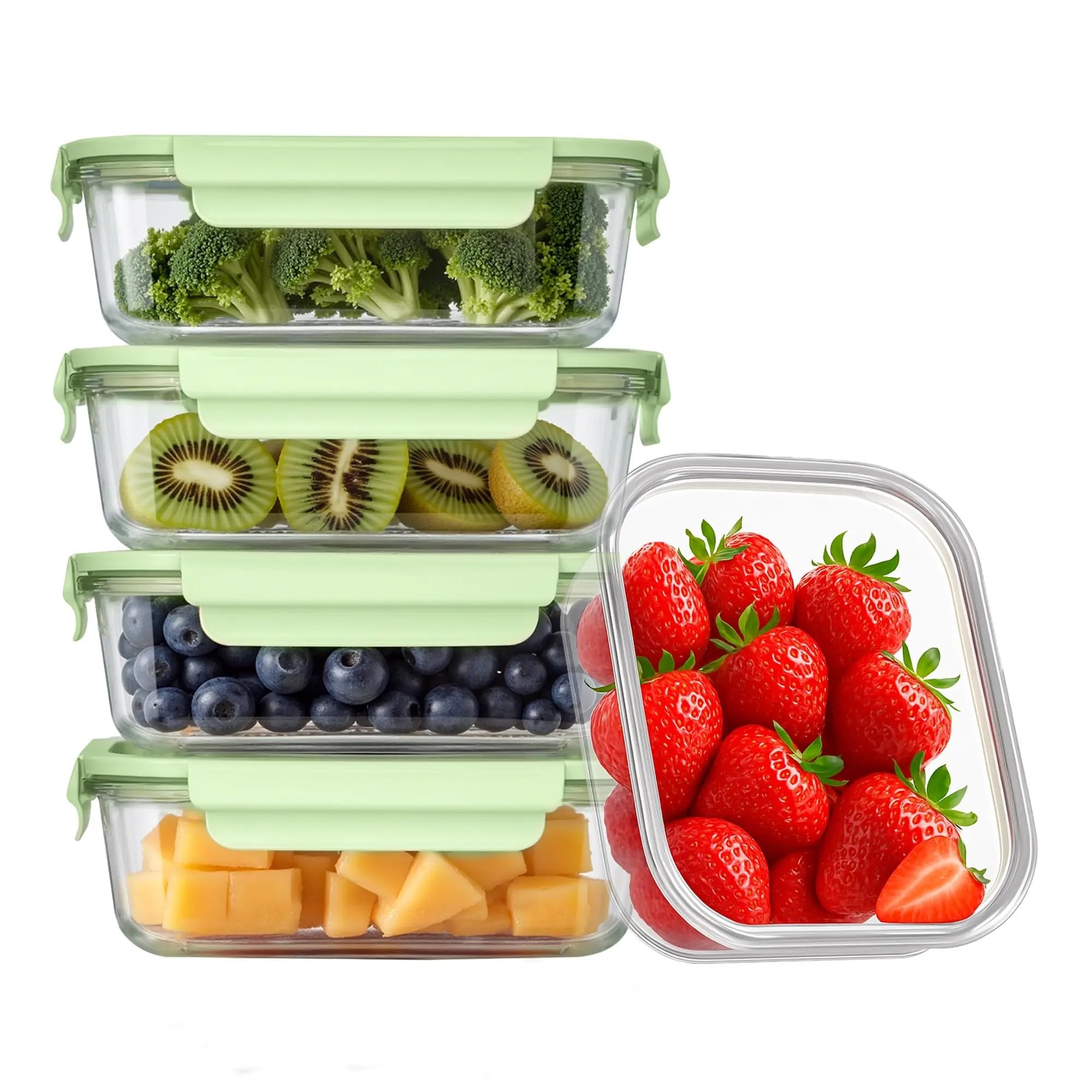 Houszy Mint-Green Glass Food Storage Containers With Airtight Lids, Leakproof Meal Prep Container Set, Oven And Freezer Safe, Mint Green, Set Of 5 Rectangular Containers