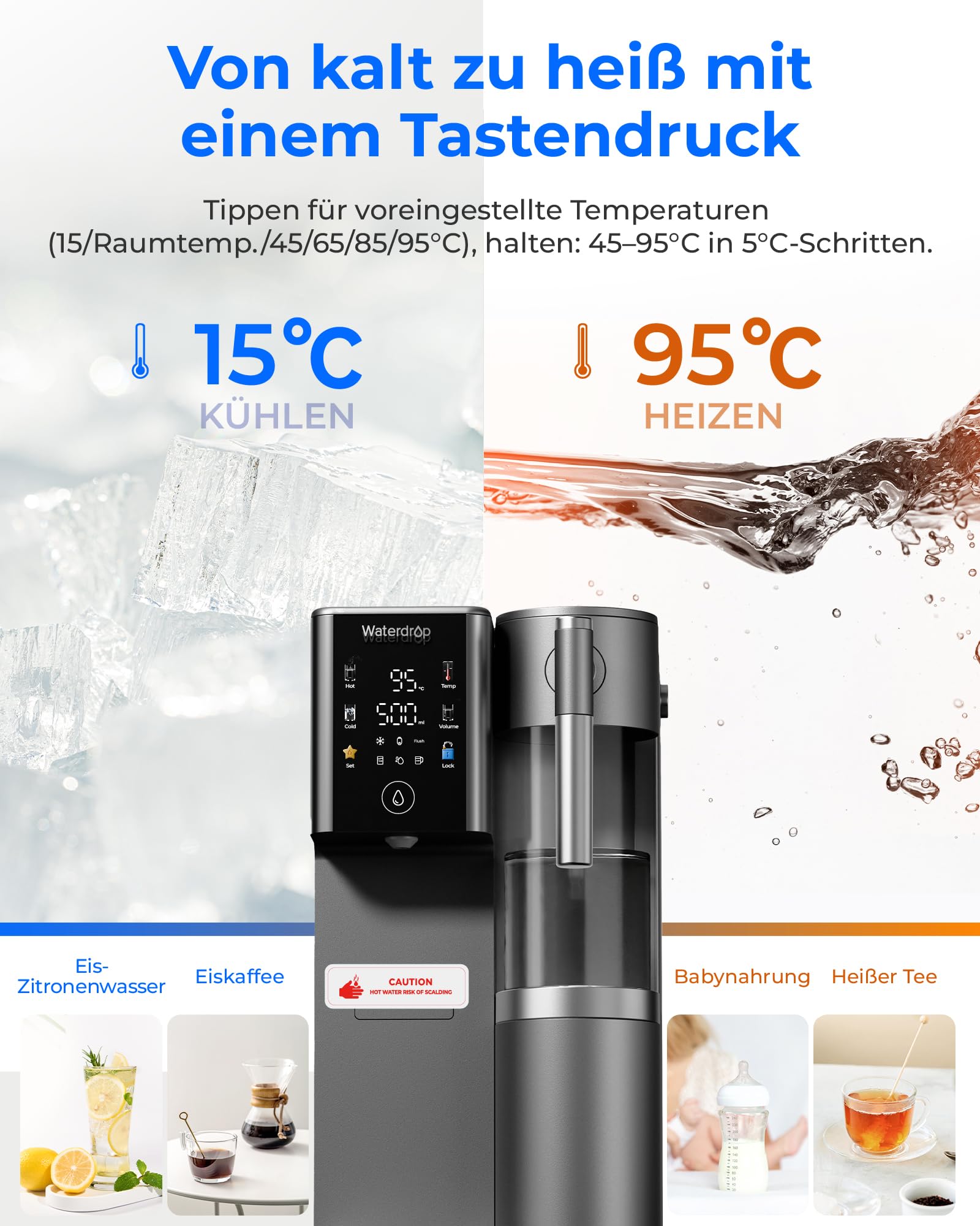 [Mineralisiert] Waterdrop WD-A2G Auftisch-Umkehrosmoseanlage, Heiß- und Kalt-RO, Tragbarer Reinwassertank, Flaschenloser Wasserspender, 6 Temperaturen, 3:1 Rein-/Abwasser