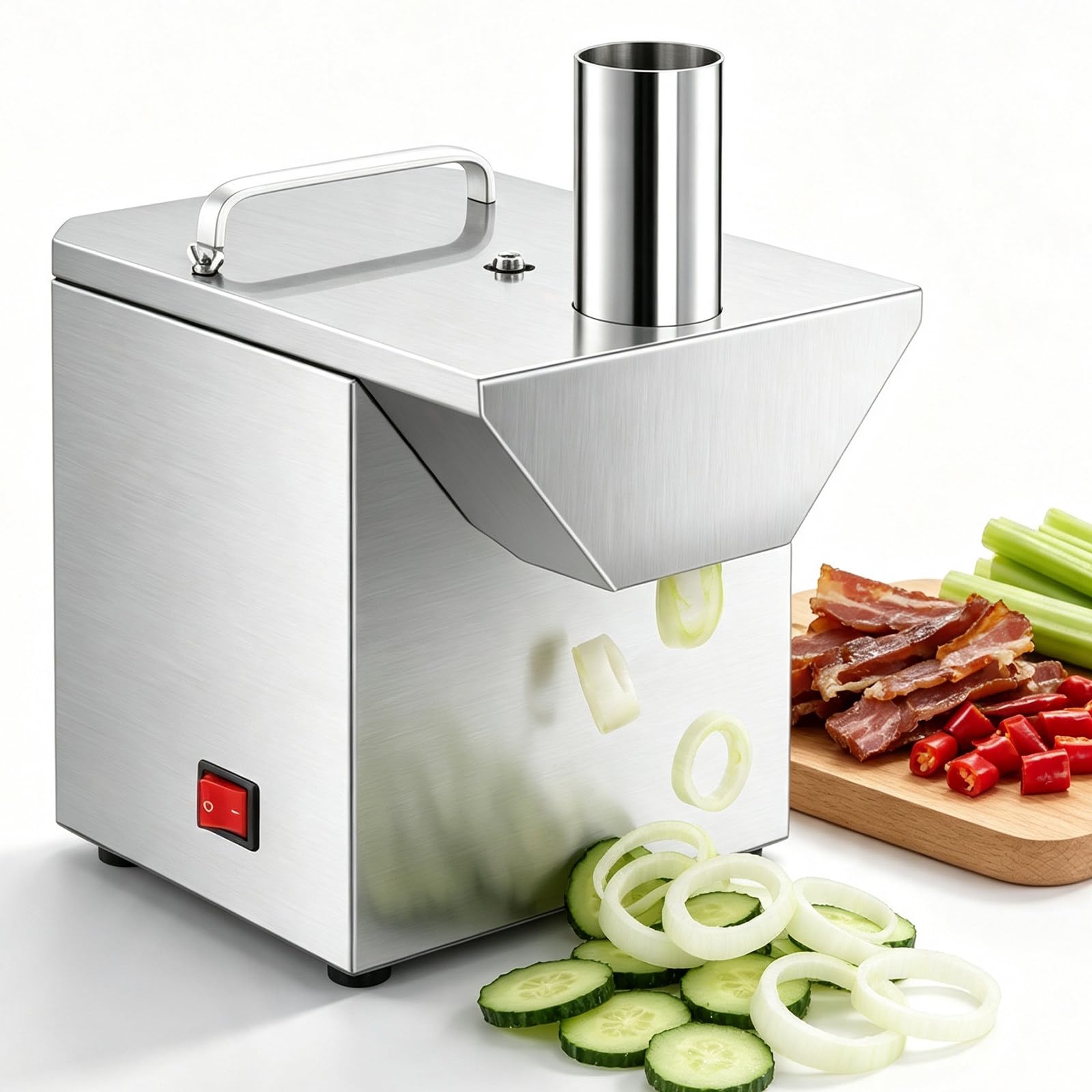 Affettatrice automatica con cavo di alimentazione da 3 metri e 3 tramogge. | Doppia apertura (grande, dritta, obliqua, piccola) per la preparazione di grandi quantità in mense, snack bar.