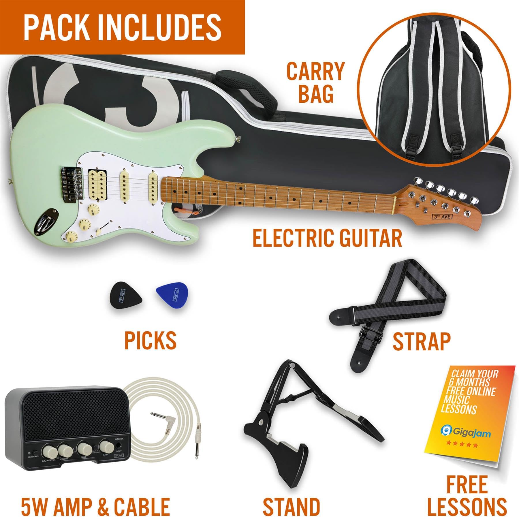 3rd Avenue Stateside Volle Größe 4-4 E-Gitarre Ultimate Kit Mit 5-W-Verstärker, Kabel, Ständer, Gepolsterter Gigbag, Gurt, Plektren – Liberty Green
