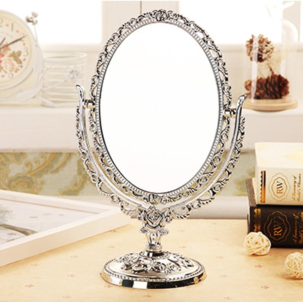 ToiM European Style Portable Plastic Mirror Dressing Table Mirror Swivel Vanity Mirror, Vintage Retro Double Sided Dressing Mirror for Dresser (Silver)