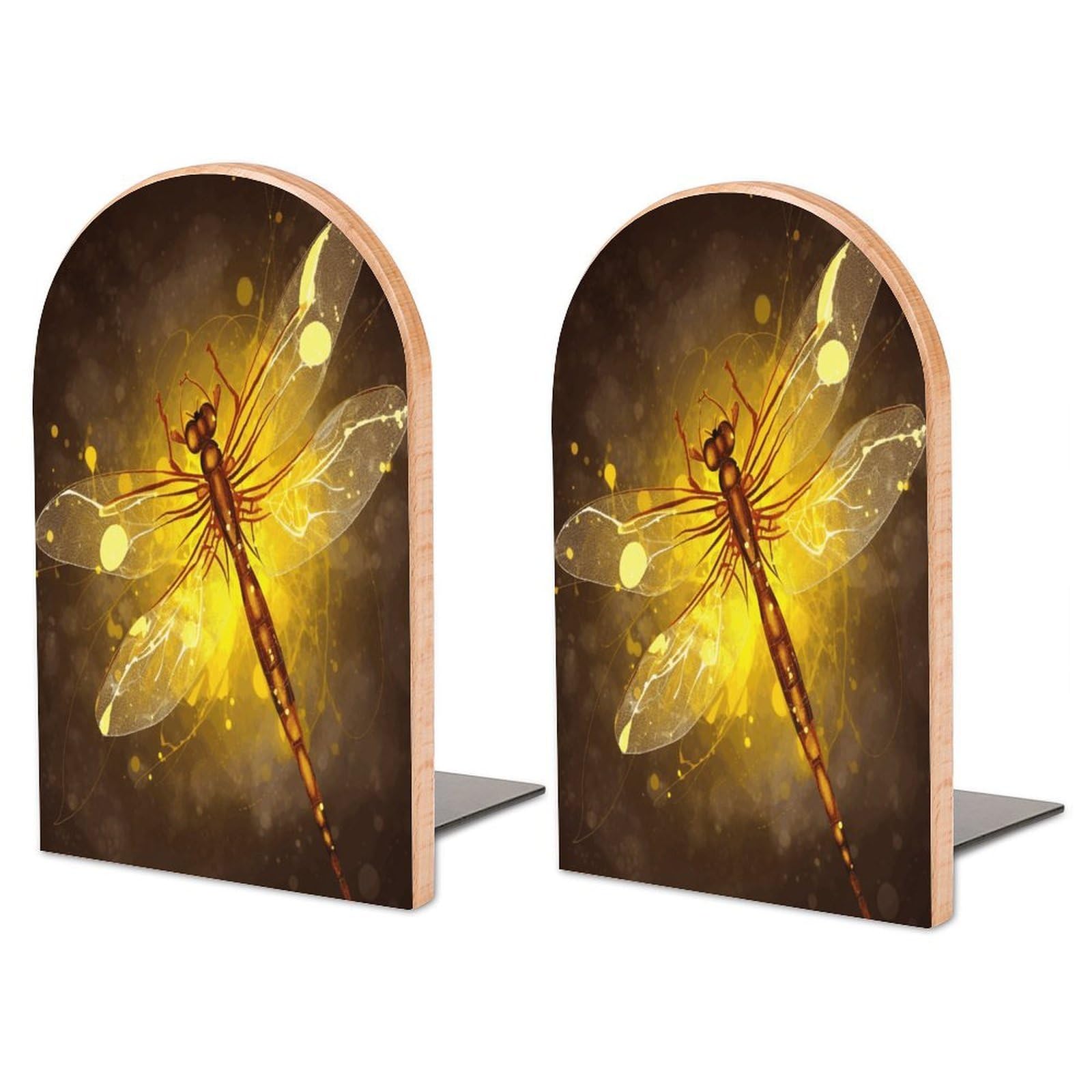 Abstract Yellow Dragonfly Bookend for Shelves Wooden Book End Large Size Sturdy Book Holders Stoppers with Metal Base for Bookshelves Slick Decorative Bookends Stands