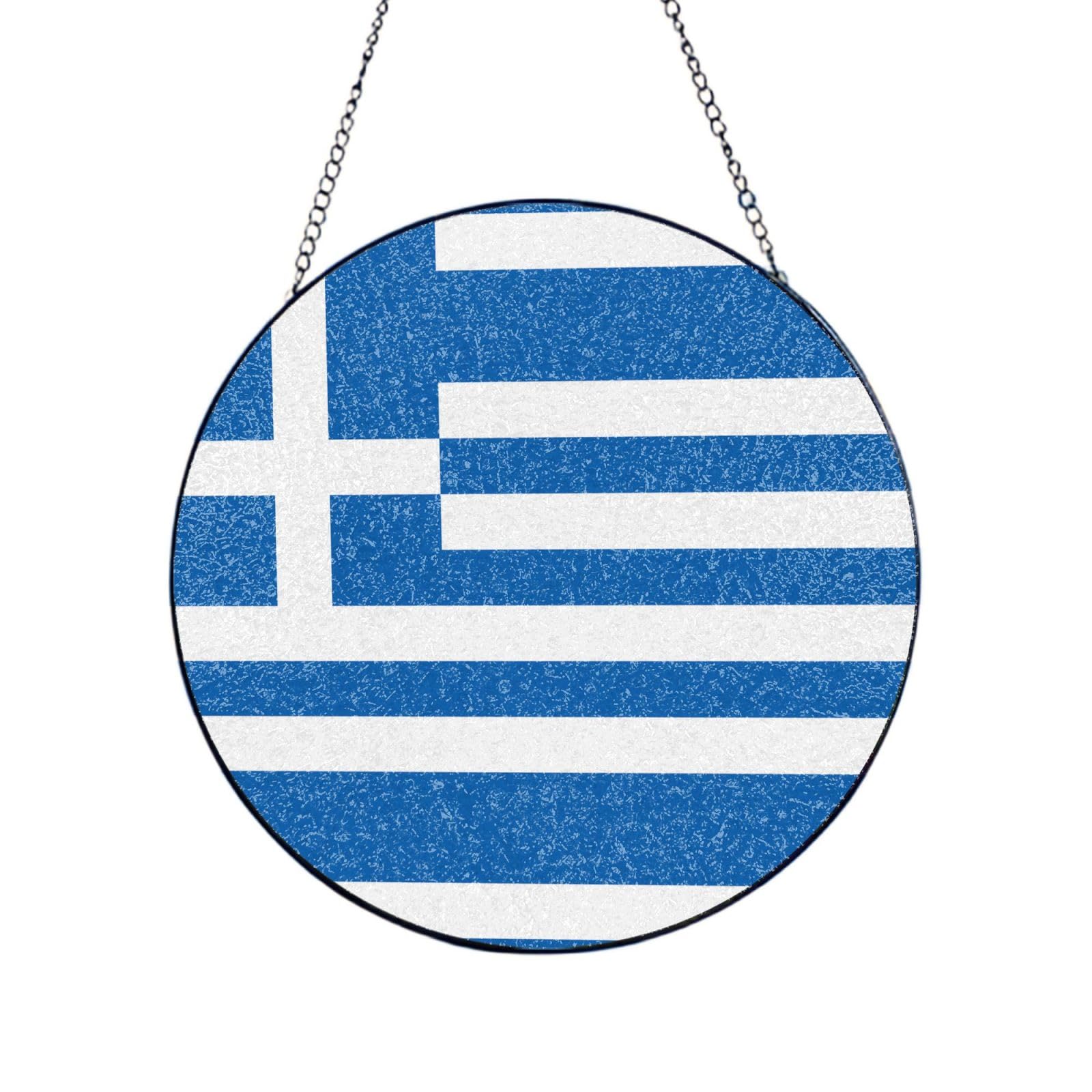 Poezjzw Stained Glass Window Hanging - Greek Flag Sun Catcher For Door Garden Home Decor Christmas Mother'S Day Birthday Gifts 10in（25cm）