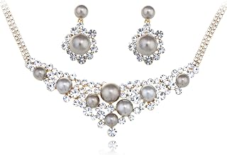 Alilang Antique Bridal Grey Faux Pearl Crystal Earring Choker Necklace Set