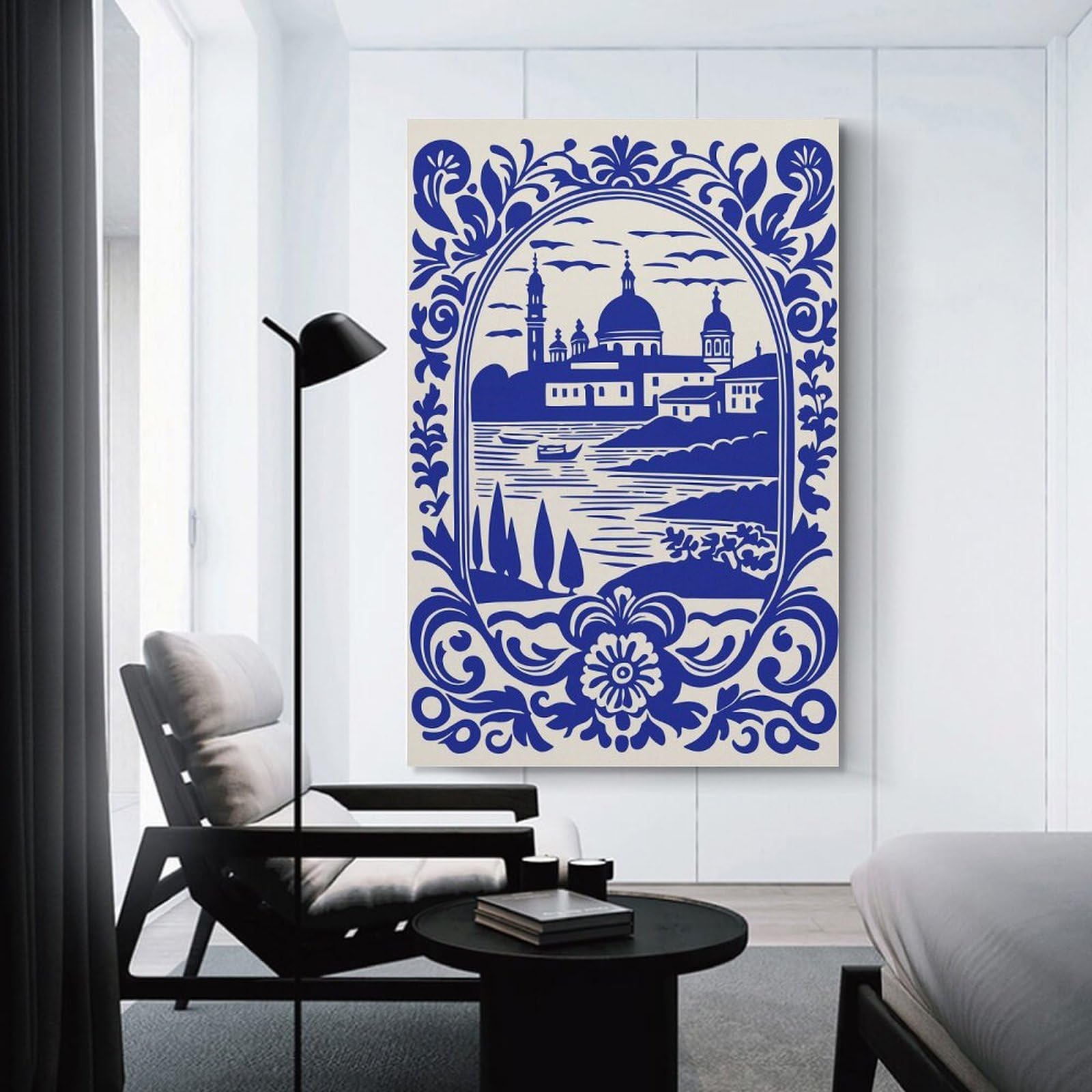 Junmoney Canvas Wall Art Blue And White Landscape Illustration, 20x30inch(50x75cm), for New Homes, Bedrooms Or Workspaces, Canvas Artwork with Gifting Potential
