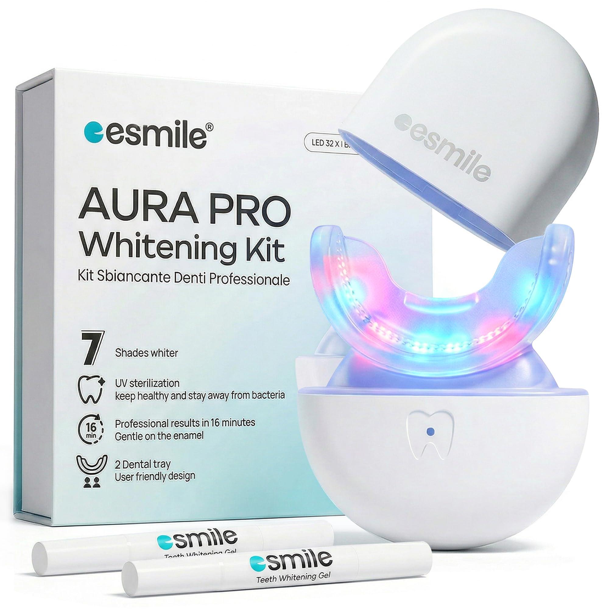 ESMILE AURA PRO profesjonalny zestaw do wybielania zębów 32X LED - lampa z 2 ustnikami i sterlizacją UV - domowe wybielanie zębów w ciągu 16 minut