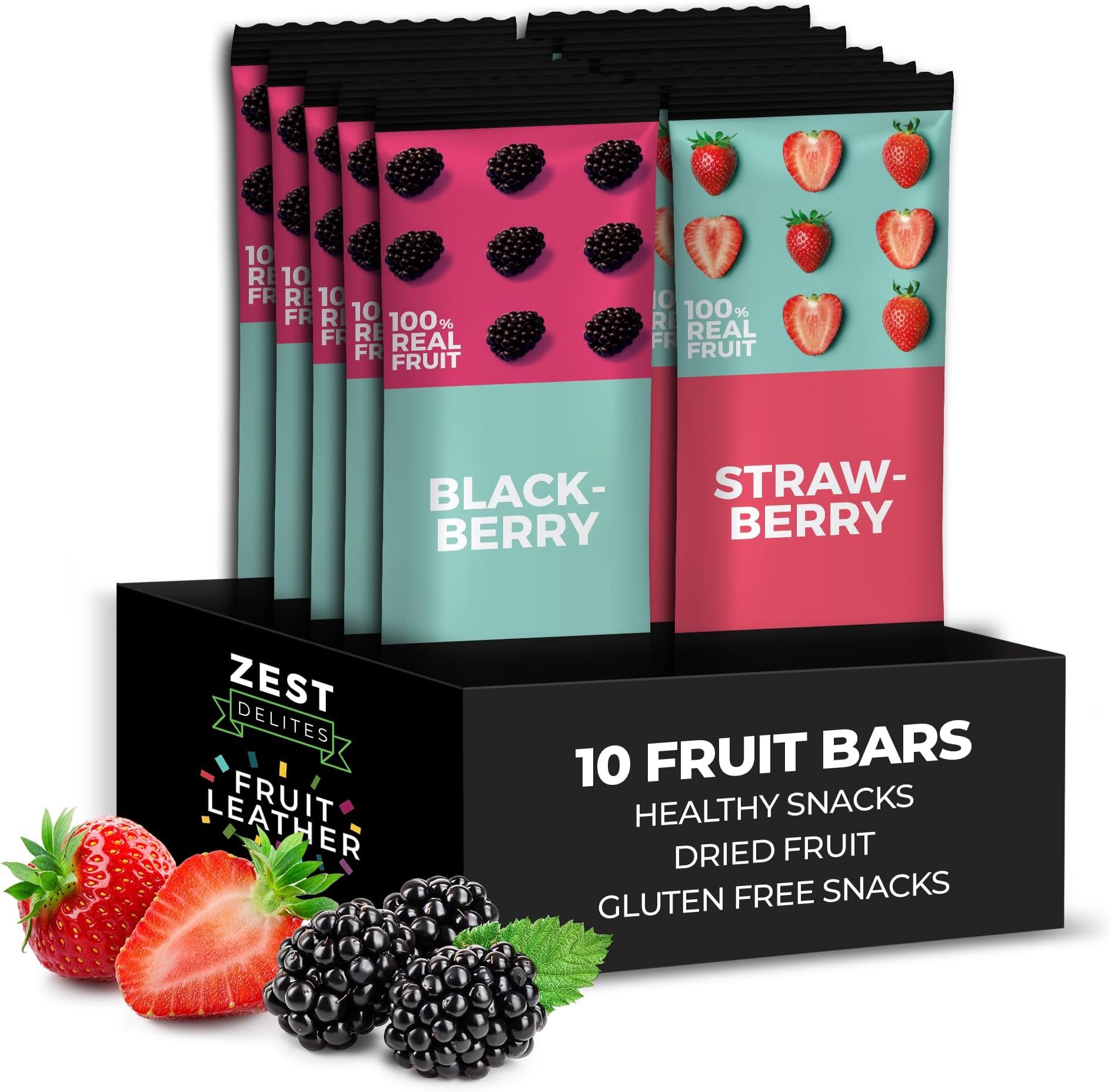 Fruit Leather Snacks, Gluten Free Vegan Healthy Snacks for Adults and Kids, Variety Snack Pack, 0.88 oz (Pack of 10) Berries Mix; Strawberry and Blackberry Fruit Bars