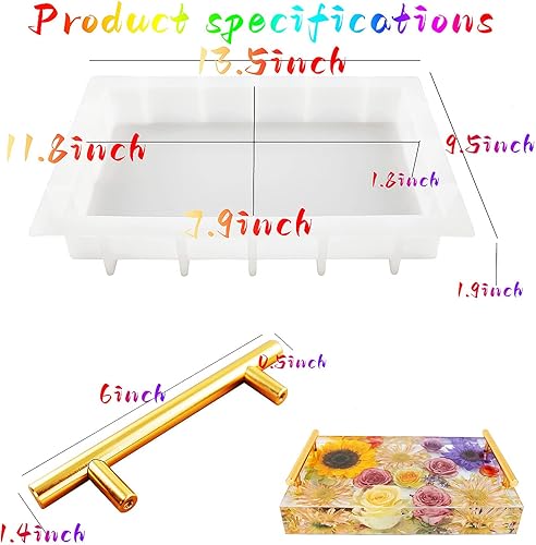 Miniatura 3 de Moldes de bandeja de silicona grandes para resina, 13.5 x 9.5 pulgadas de profundidad rectangular epoxi moldes con 4 asas doradas y plateadas, molde