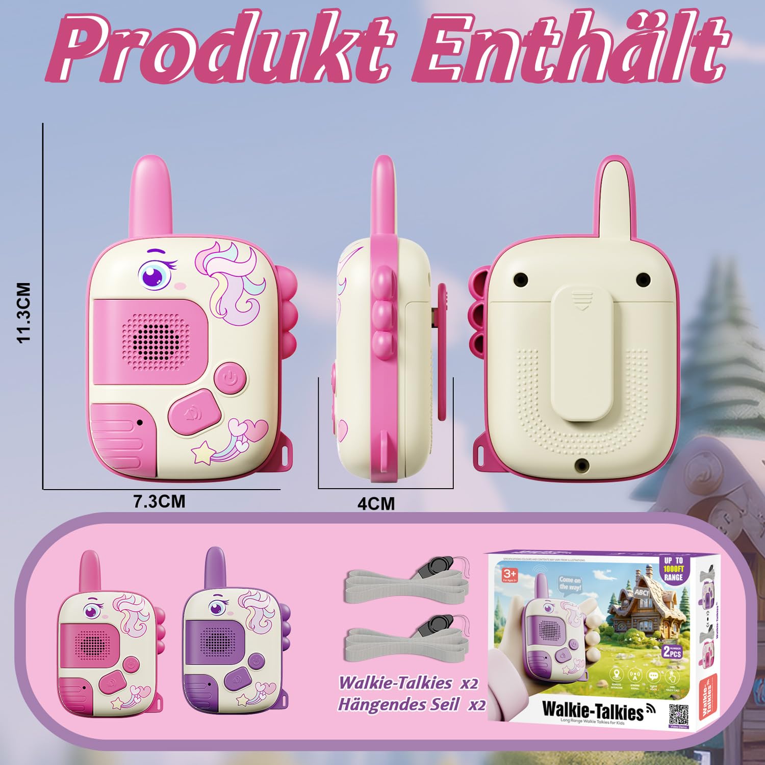 DQMOON 2PCS Walkie-Talkie Bambini, Unicorno Regalo Bambina 3 4 5 6 7 Anni Giochi Bambina 3-9 Anni Walkie Talkie Giocattoli Bambini 4-8 Anni Compleanno Regali Natale Giochi Esterno Giocattoli Unicorno