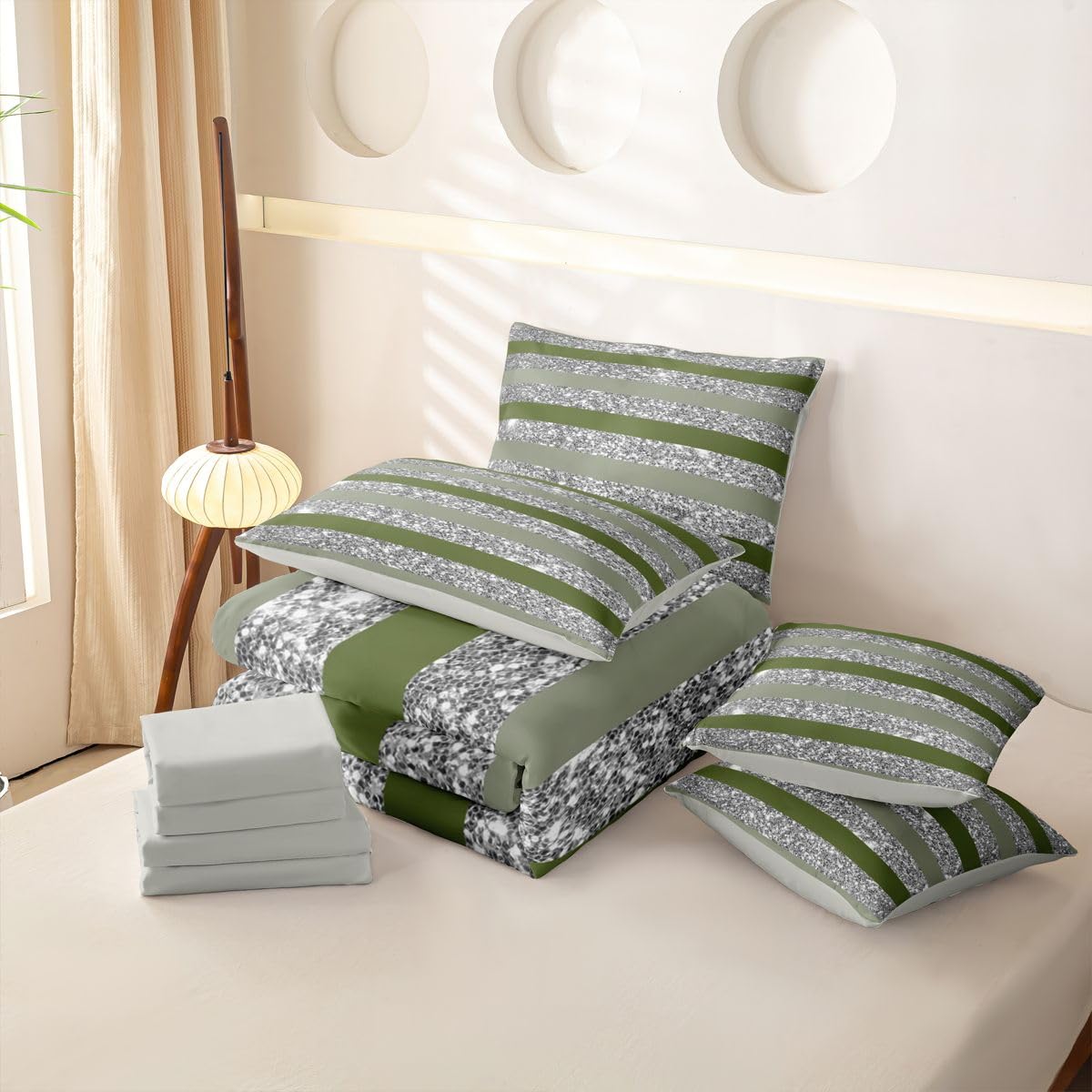Loussiesd Juego de funda de edredón de 7 piezas, color verde oscuro, tamaño doble, juego de ropa de cama con purpurina en una bolsa, funda de edredón, sábanas, fundas de almohada, fundas de cojín