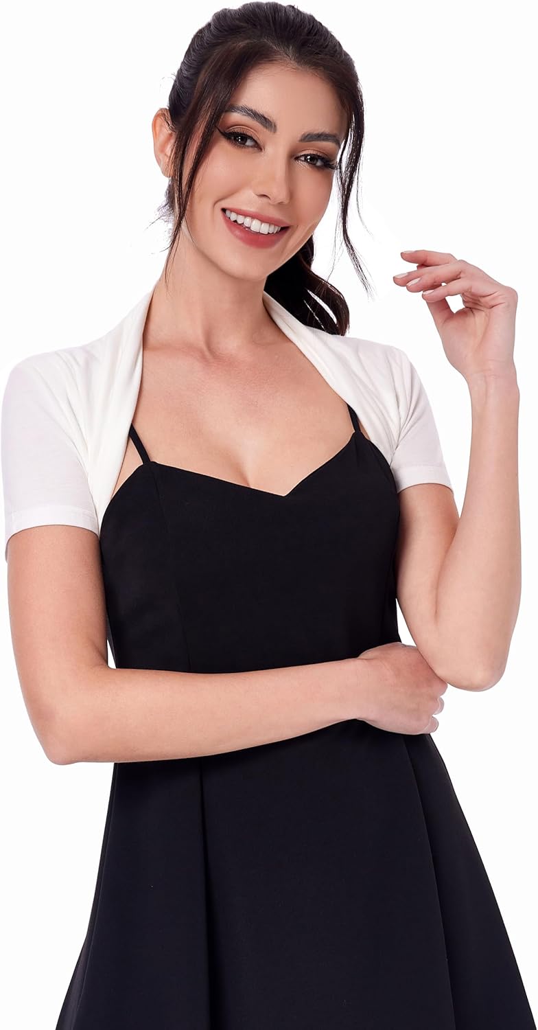 AmélieBoutik Women Short Sleeve Bolero Shrug Open Front Pleated Back Ruched Sides Cropped Cardigan for Dress Casual - Image 2