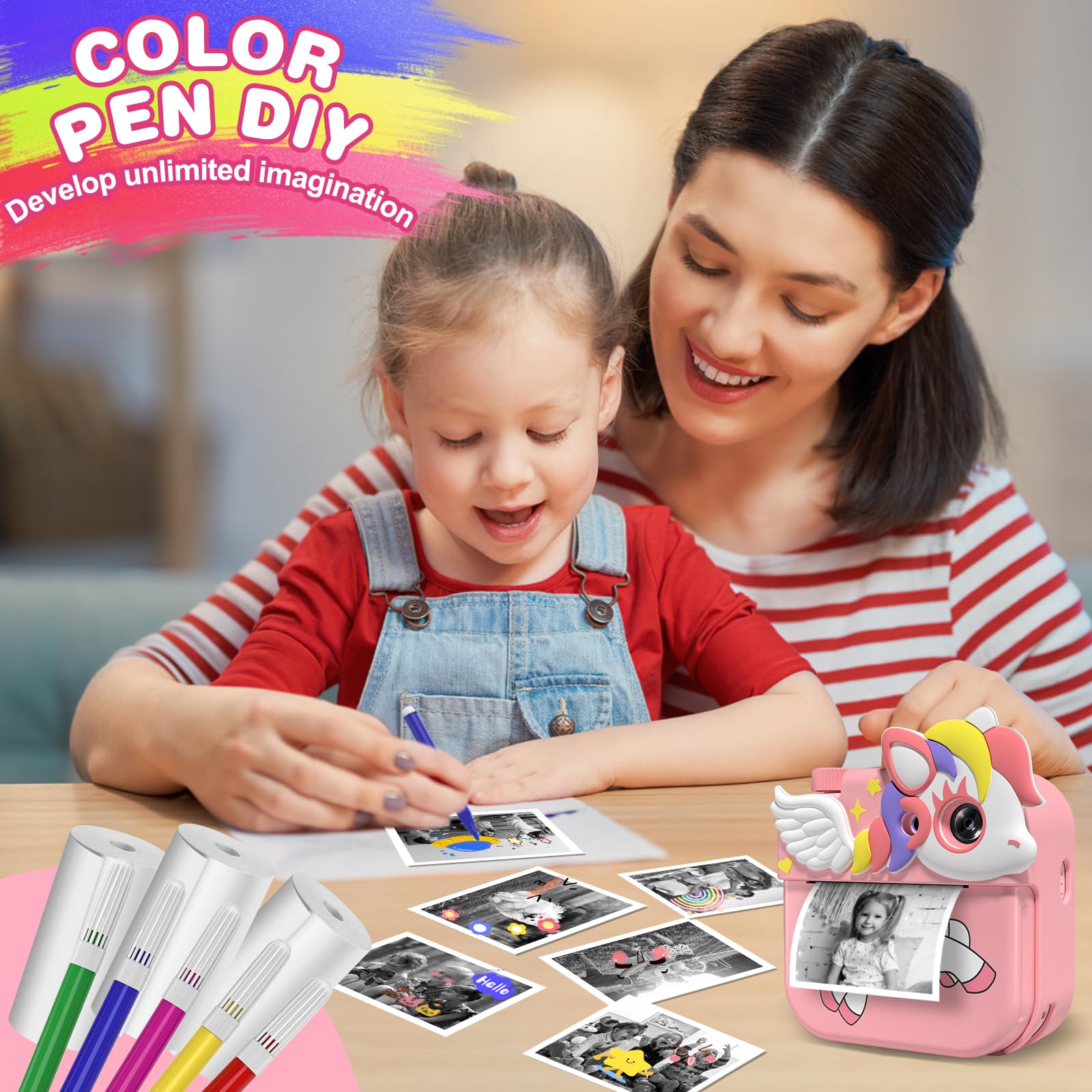 Macchina Fotografica Bambini Istantanea,Hangrui 12MP/1080P HD Fotocamera Bambini con Carta da Stampa e 32G, Fotocamera Digitale Stampa Istantanea, Regalo per Bambini dai 3-12 Anni-Rosa chiaro