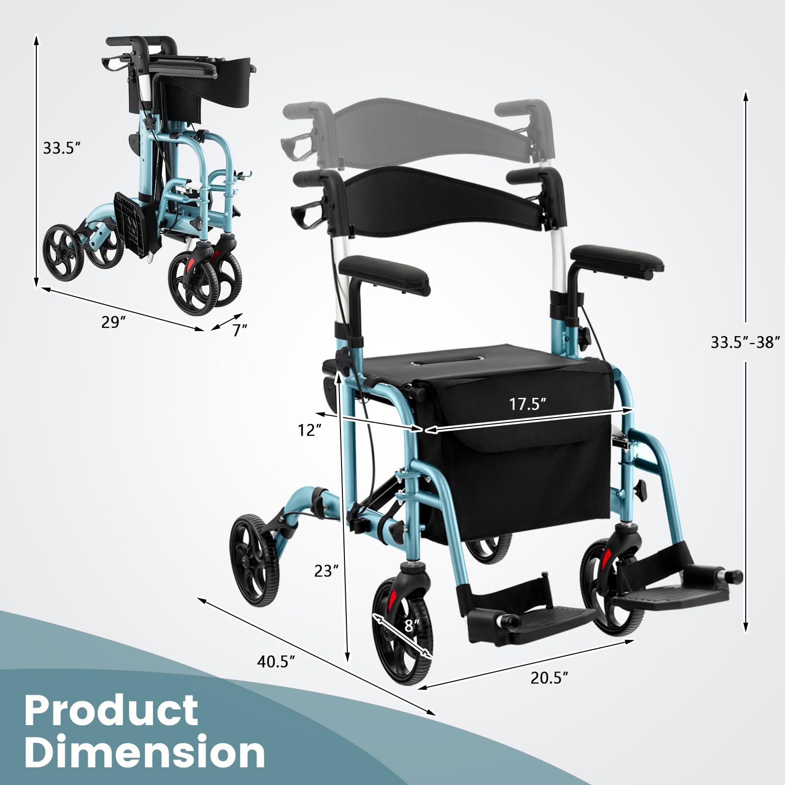 FANTASK Rollator faltbar & leicht, 2 in 1 Rollstuhl & Reiserollator mit Sitz, Gehhilfe mit Tasche & Doppelten Bremsen & Stockhalter, Gehwagen 6-fach Höhenverstellbar für Senioren (Blau)