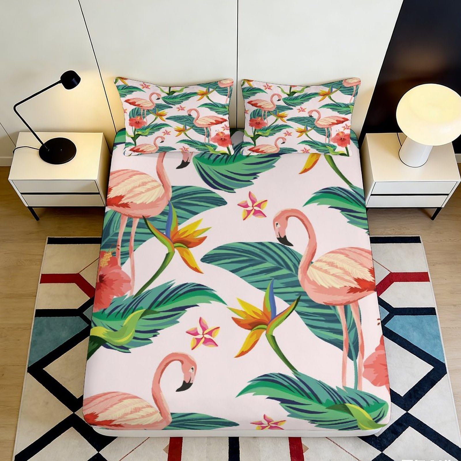 3D Printed Flamingo Tropical Flowers Fitted Sheet Microfiber Soft Anti-Slip Bed Cover for Bedroom Dorm Mattress Protection 120x200x25cm