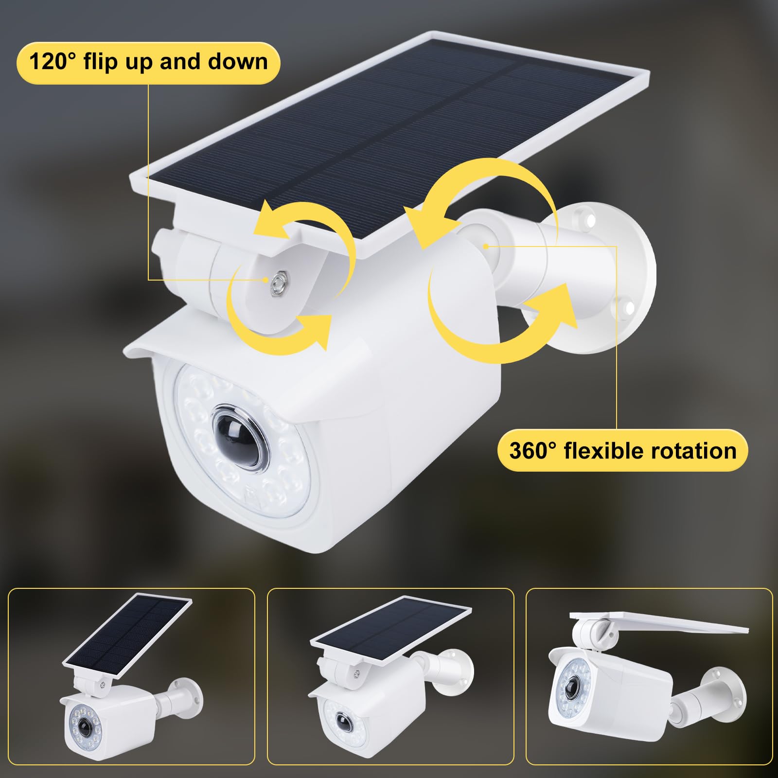 Lampes solaires d'extérieur avec détecteur de mouvement Lampes solaires LED avec caméra factice Caméra de surveillance factice 360° Panneau solaire pivotant à 120° 5V/1.5W 2200mAh IP65 Blanc.