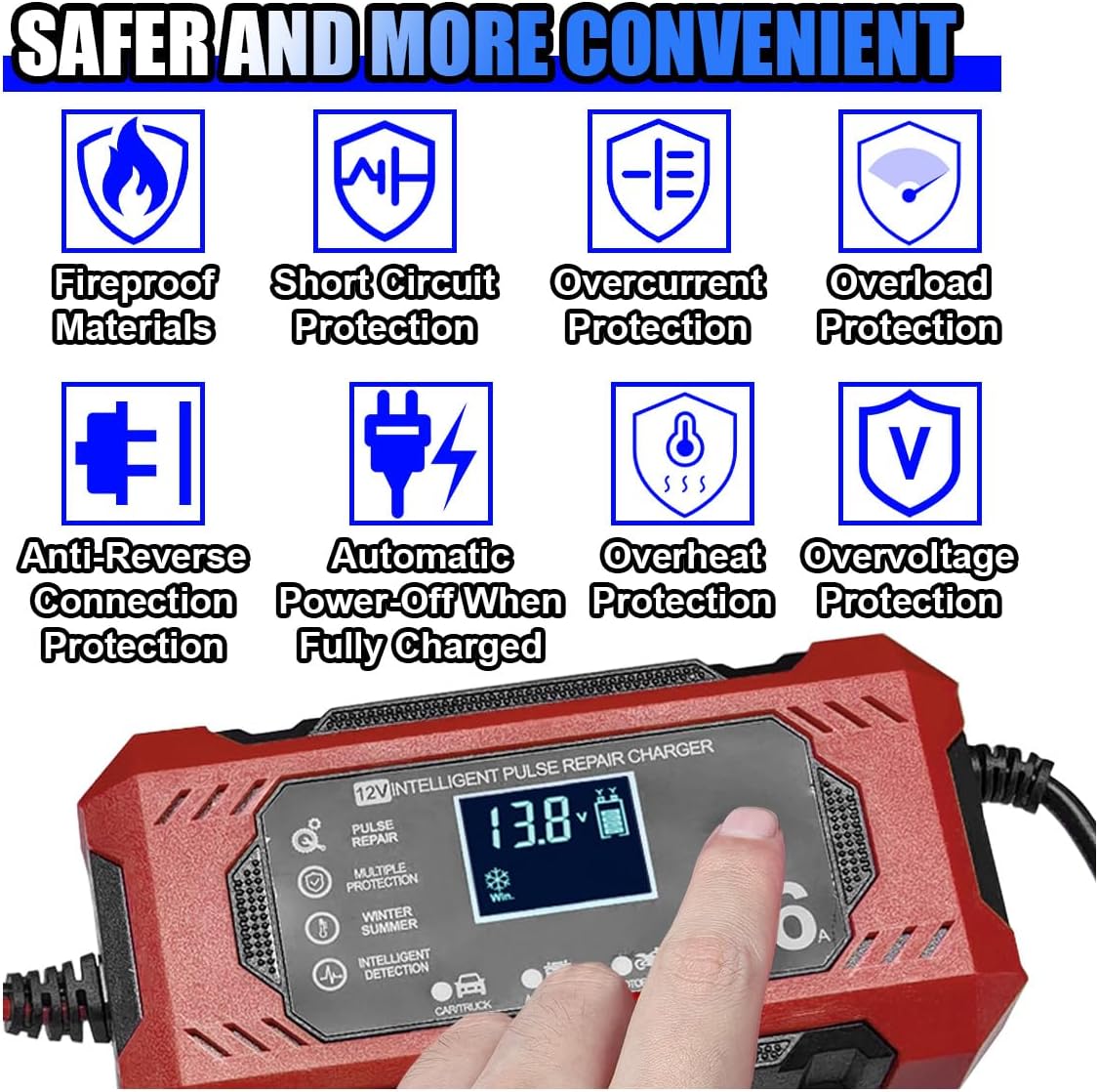 12V 6A Car Battery Charger, Lead Acid Batteries Trickle Charger Maintainer with Temperature Compensation, Smart Automatic Battery Pulse Repair & Desulfator for Car Truck Lawn Mower Boat