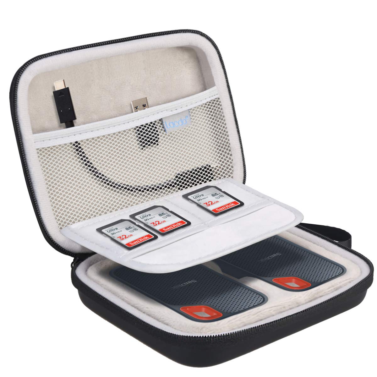 Lacdo 2-in-1 Hard Drive Carrying Case for SanDisk Extreme Portable External SSD SDSSDE60-G25 / G-Technology G-Drive Mobile SSD 250G 500G 1TB 2TB USB 3.1 USB-C Shockproof Protective Travel Bag, Black