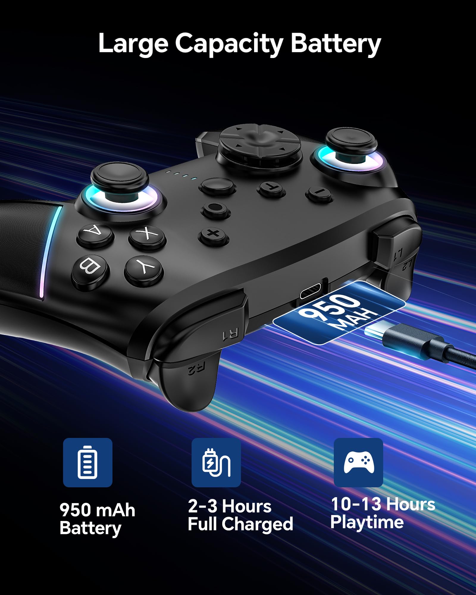 Cehensy Manette Switch Sans Fil pour Nintendo Switch/Lite/OLED/PC, Manette Switch Pro avec LED RGB 9 Couleurs,Batterie 950 mAh,Programmable,Wake Up,Turbo,6 Axis Gyro,Dual Vibration,Noir