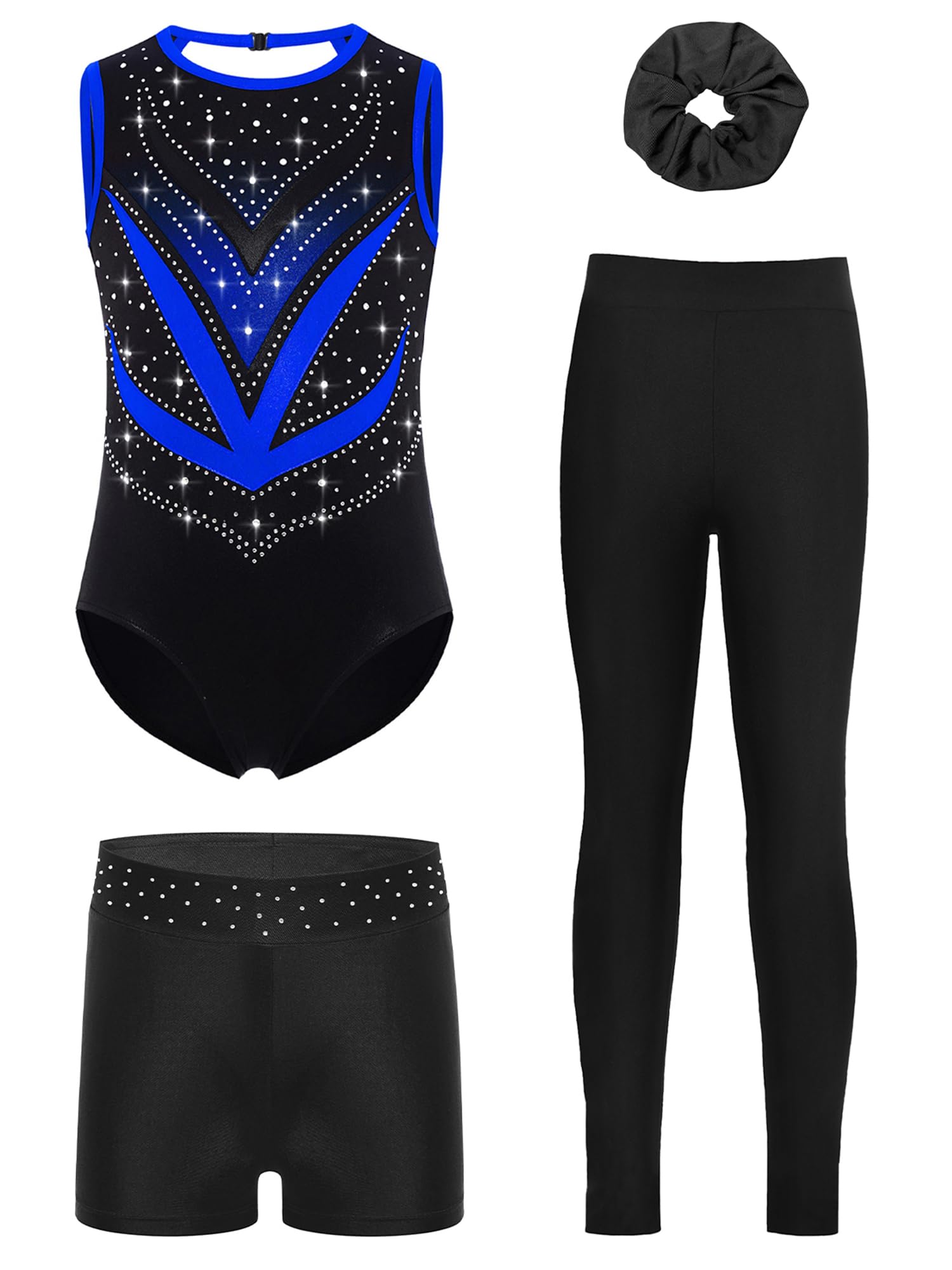 Pezzi Tutu Da Ginnastica Per Bambina Scintillante Tutu Da Ginnastica Con Pantaloncini Shorts Fazzoletto Per Capelli Leotard Da Da Maglia Da Per Competizioni Blu 5-6 anni