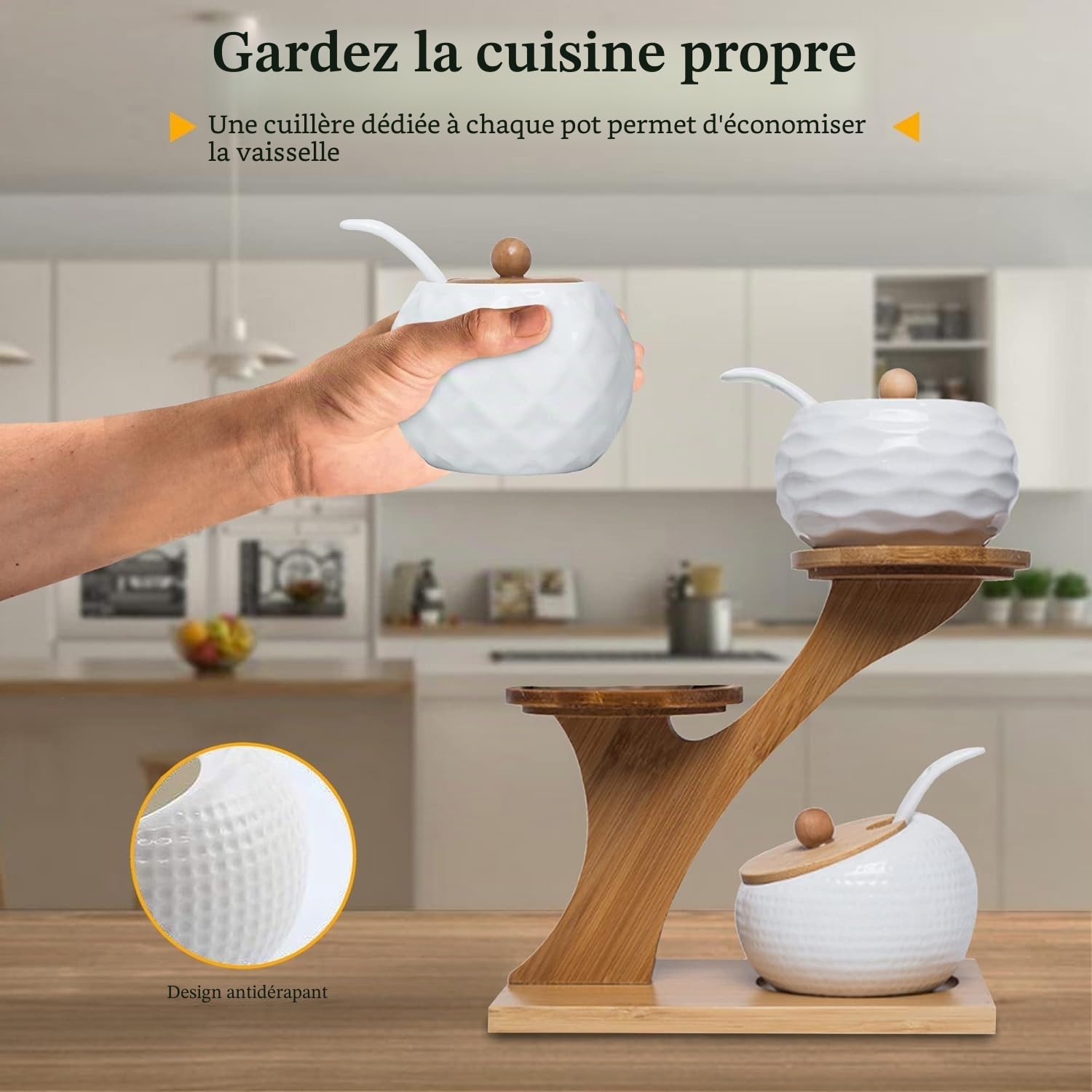 Lot de 3 bocaux à épices en céramique avec couvercle en bambou, cuillère et plateau, 170 ml/6,4 oZ, boîtes à épices pour conserver le sucre, le sel, les épices, le café