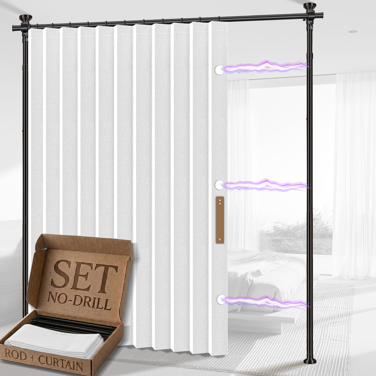 AJAZZ Privacy Curtains for Room Divider with Blackout & Soundproof (White, W100 x L84 in, 1 Panels)+ No Drill Curtain Rod(H) 43-120×(W) 35-100 in, Wall Divider for Bedroom/Studio/Office Curtain